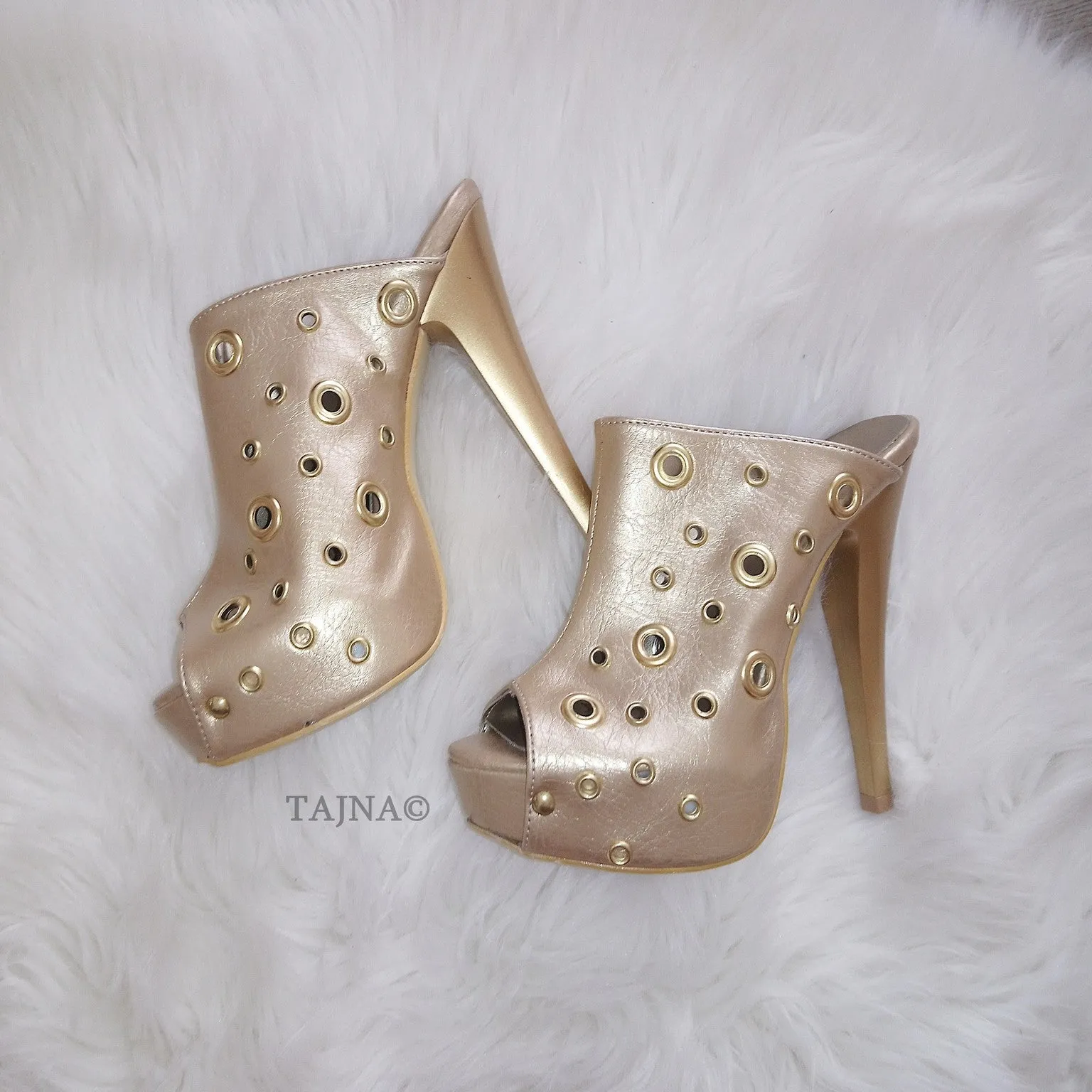 Golden Peep-Toe Platform Mules