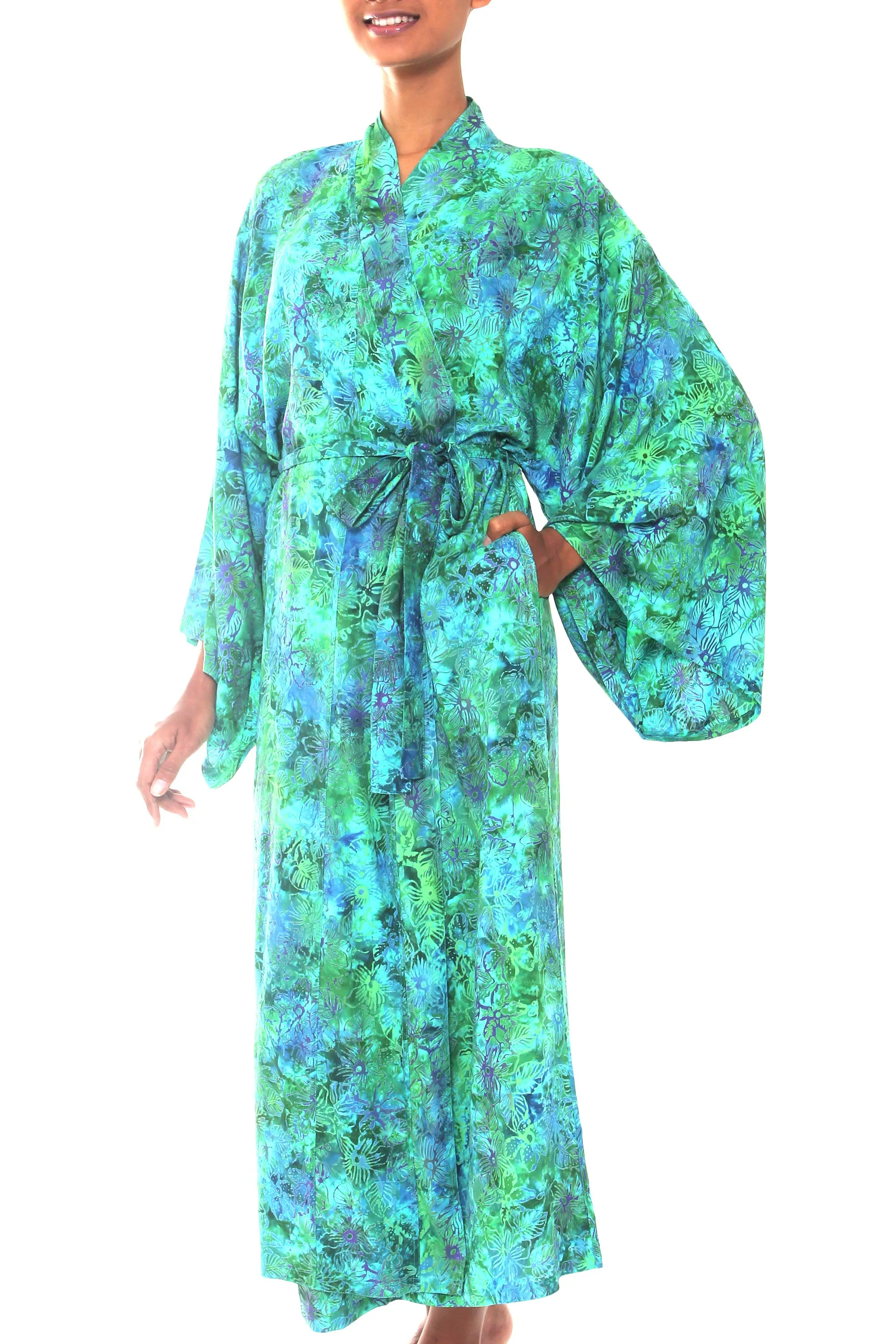 Green and Blue Tie-Dye and Batik Rayon Belted Robe, 