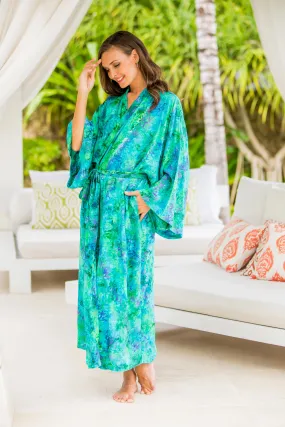 Green and Blue Tie-Dye and Batik Rayon Belted Robe, Ocean Jungle