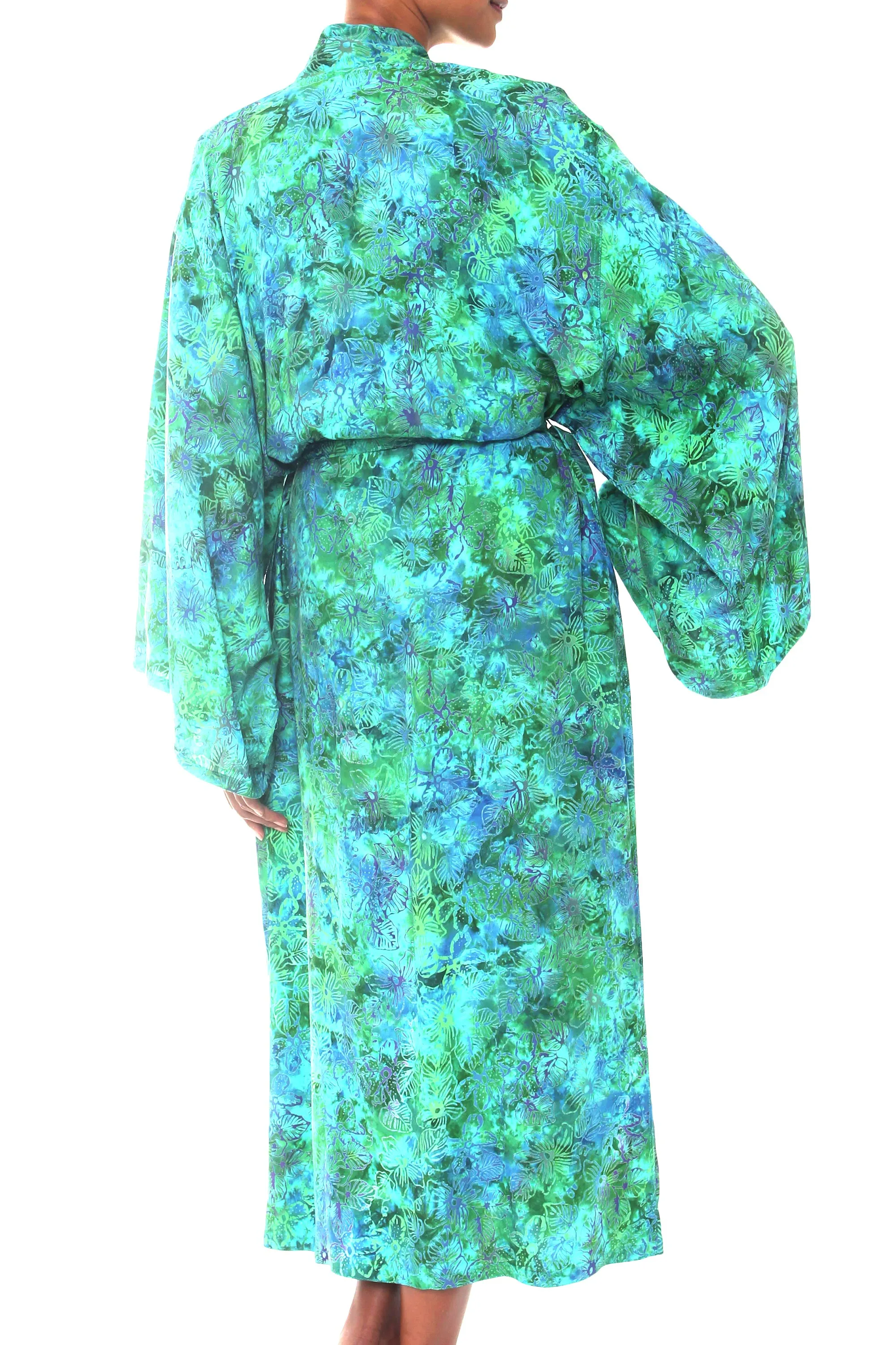 Green and Blue Tie-Dye and Batik Rayon Belted Robe, 