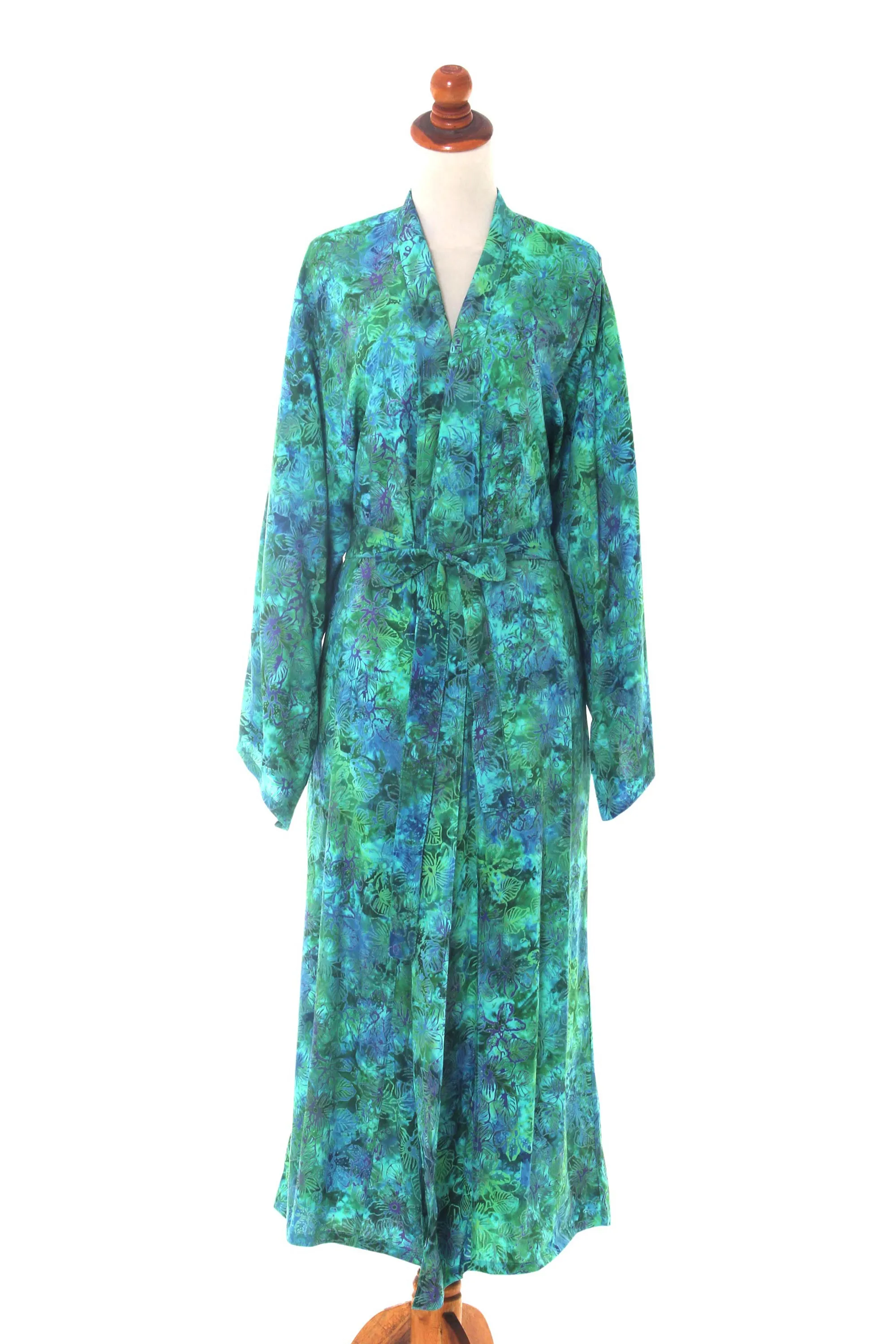 Green and Blue Tie-Dye and Batik Rayon Belted Robe, 