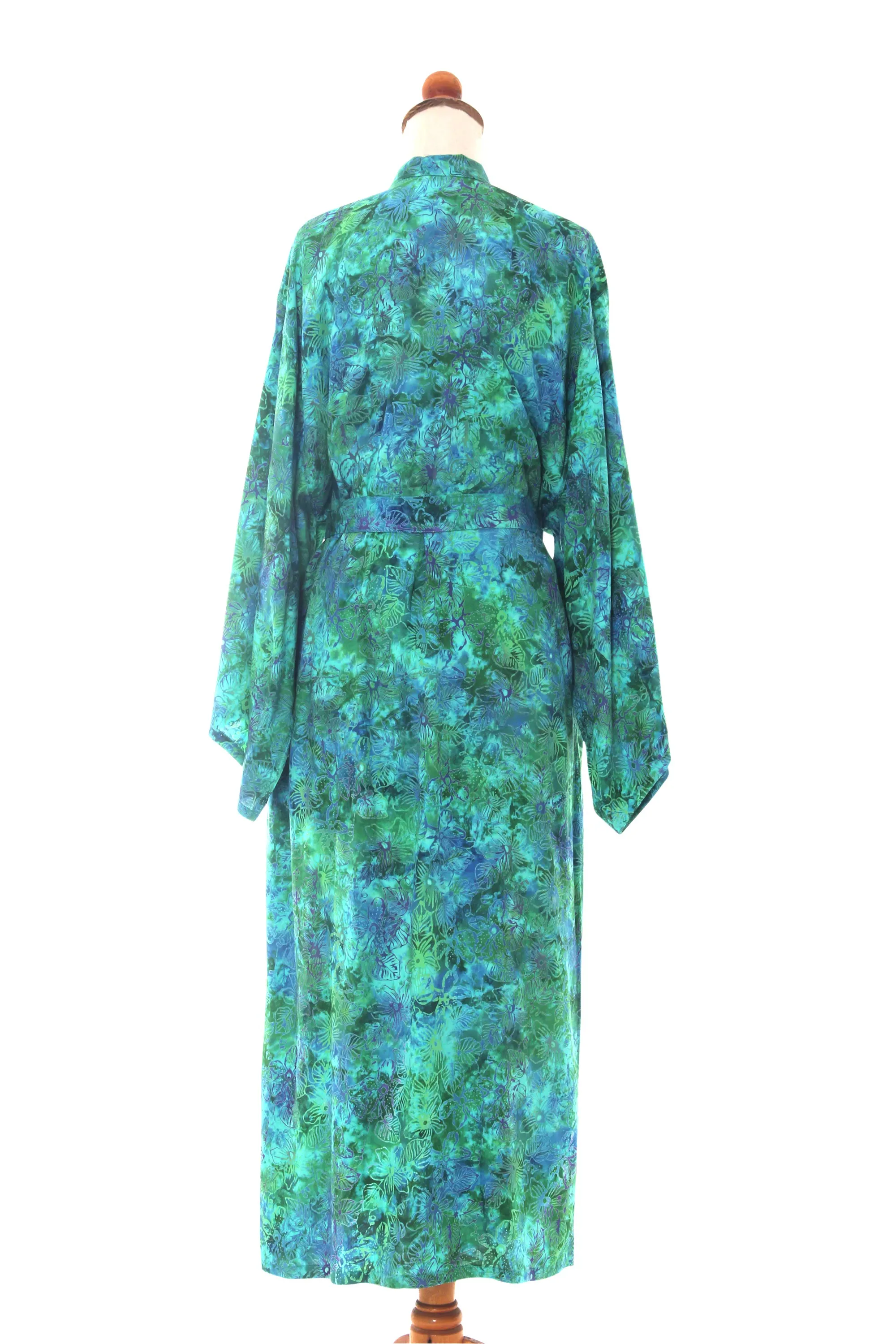 Green and Blue Tie-Dye and Batik Rayon Belted Robe, 