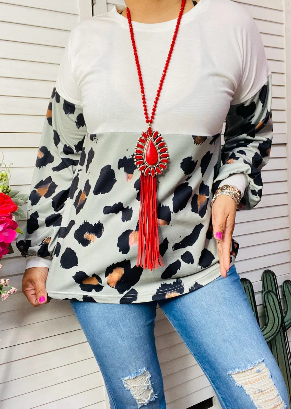 Half White Half Grey leopard long sleeve top