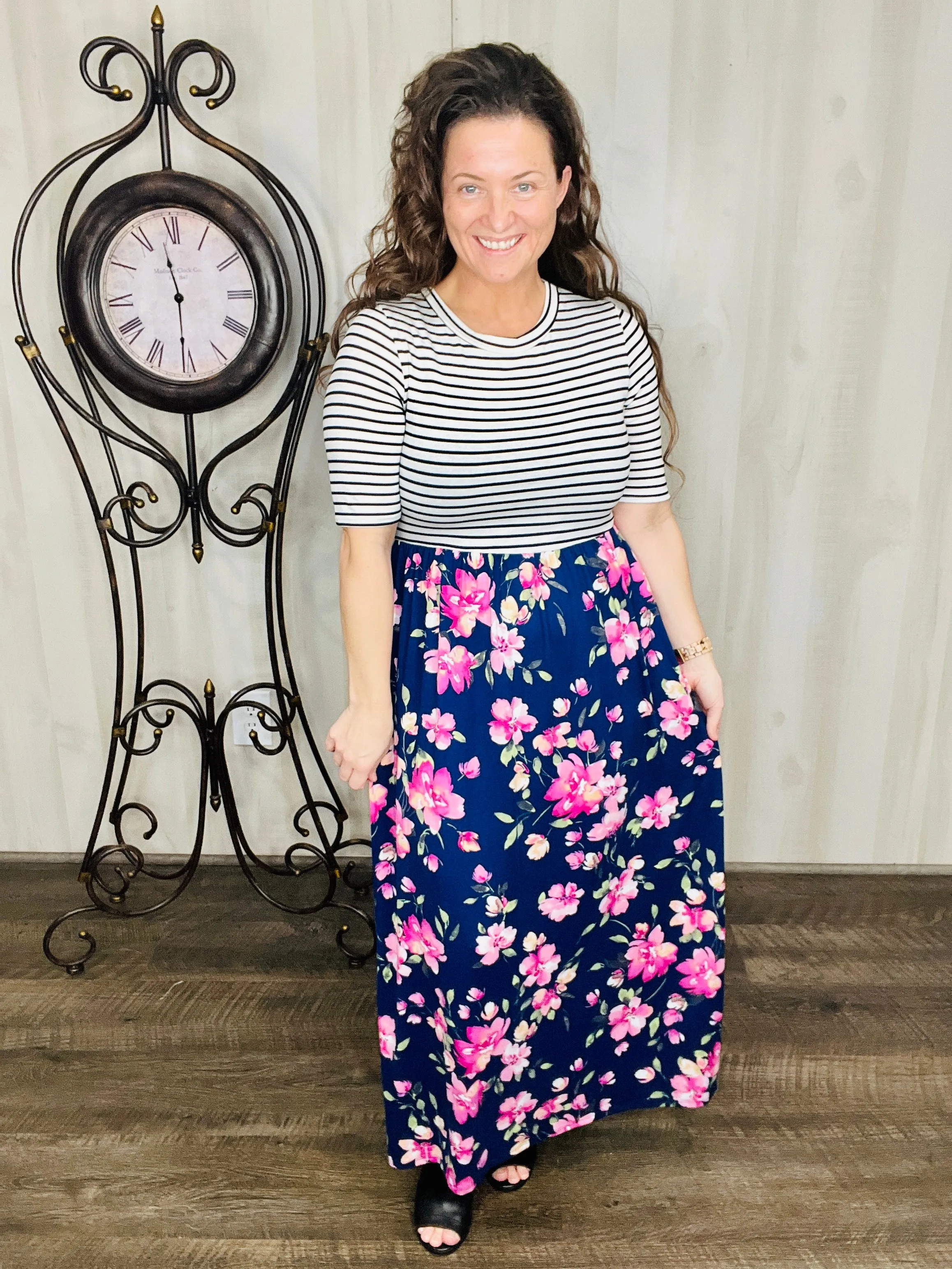 Julie Stripes & Floral Maxi Print Dress