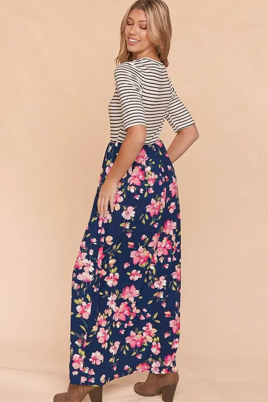 Julie Stripes & Floral Maxi Print Dress