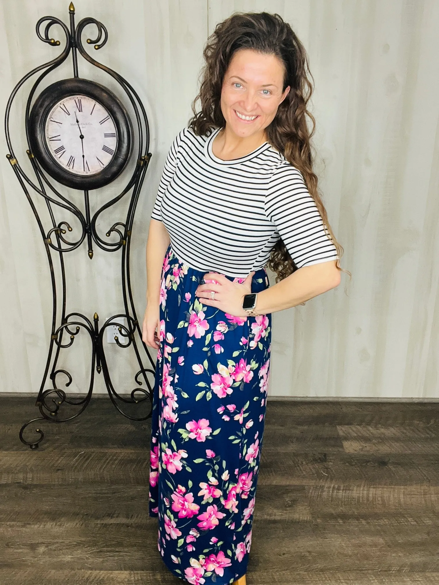 Julie Stripes & Floral Maxi Print Dress