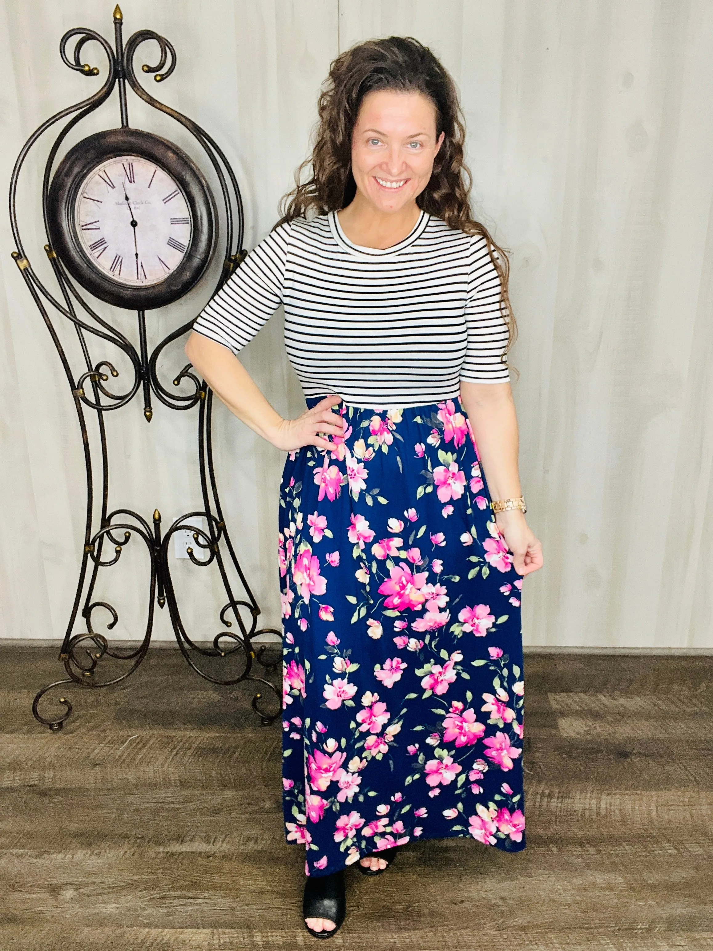 Julie Stripes & Floral Maxi Print Dress