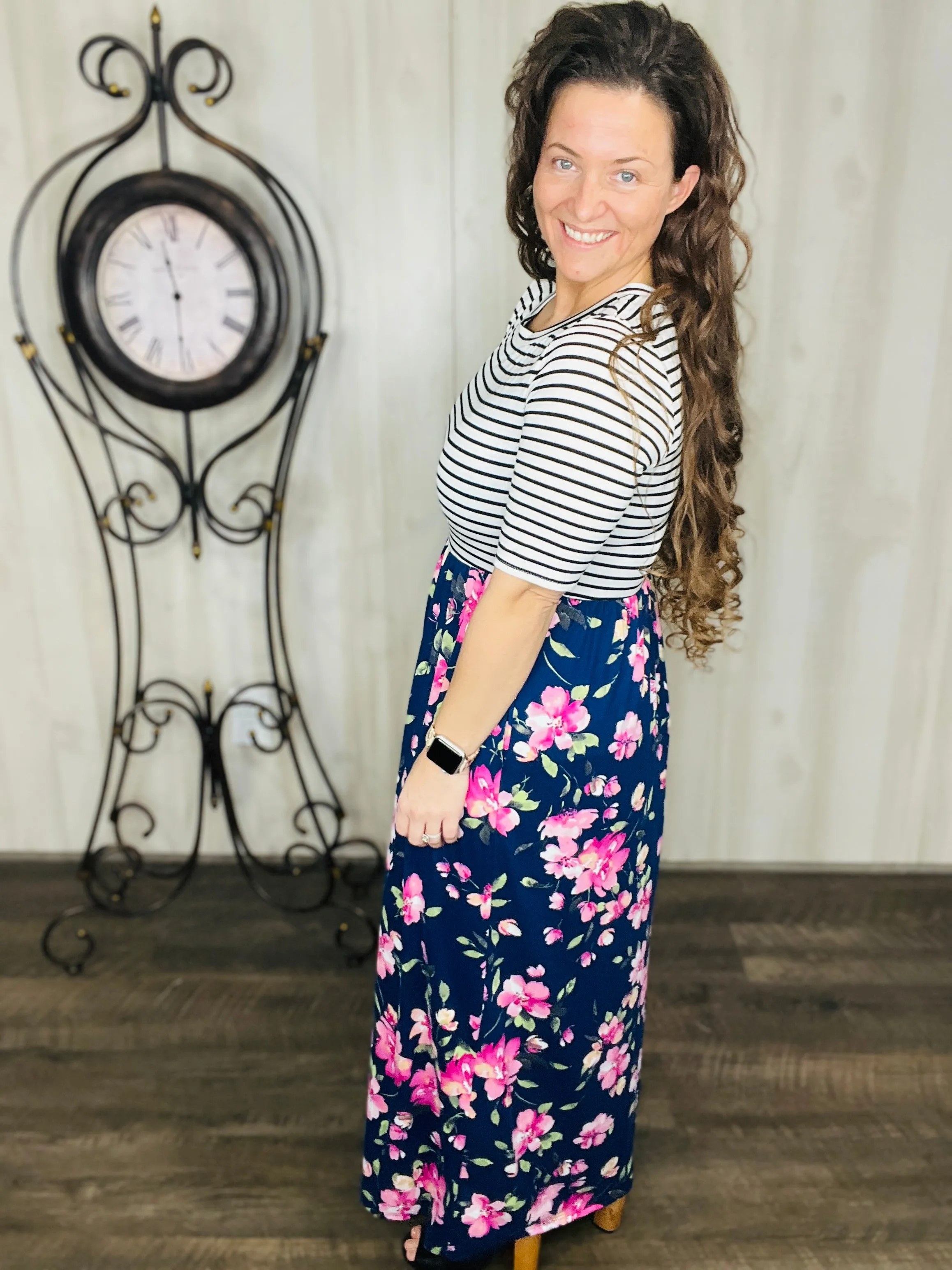 Julie Stripes & Floral Maxi Print Dress