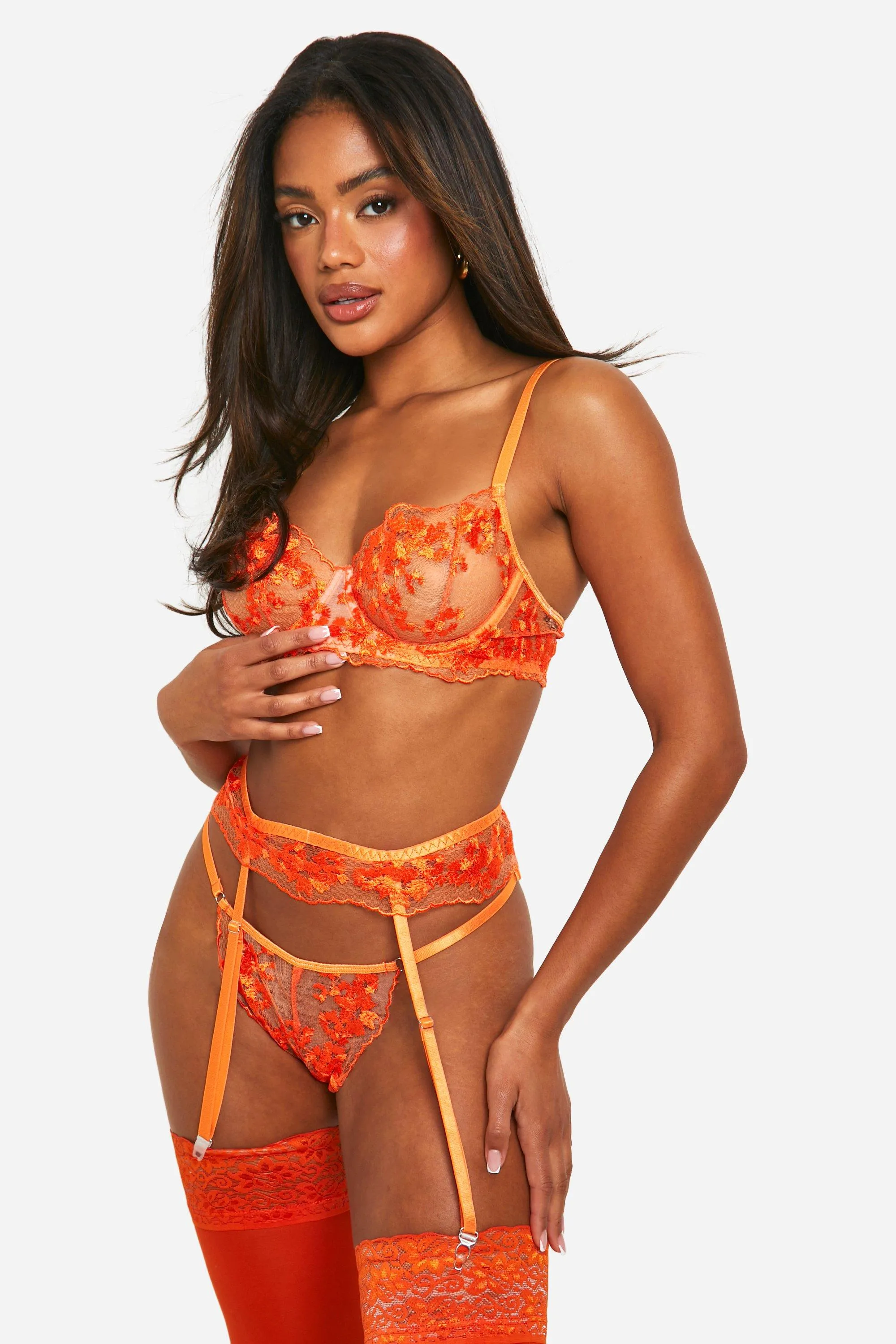 Lingerie | Floral Lace Bra, Thong & Suspender Set | boohoo