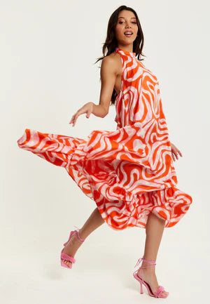 Liquorish Pink And Red Abstract Print Halter Neck Maxi