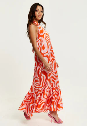 Liquorish Pink And Red Abstract Print Halter Neck Maxi