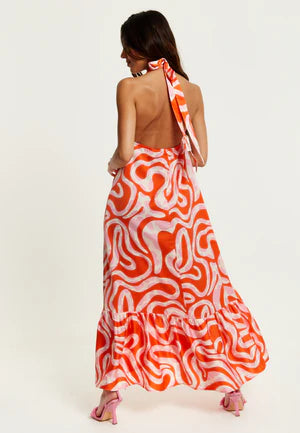 Liquorish Pink And Red Abstract Print Halter Neck Maxi