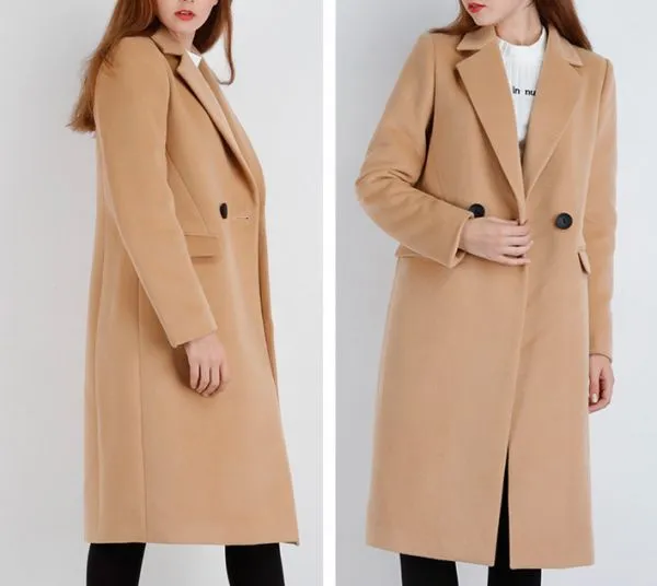 Long wool coat for women with single button closure