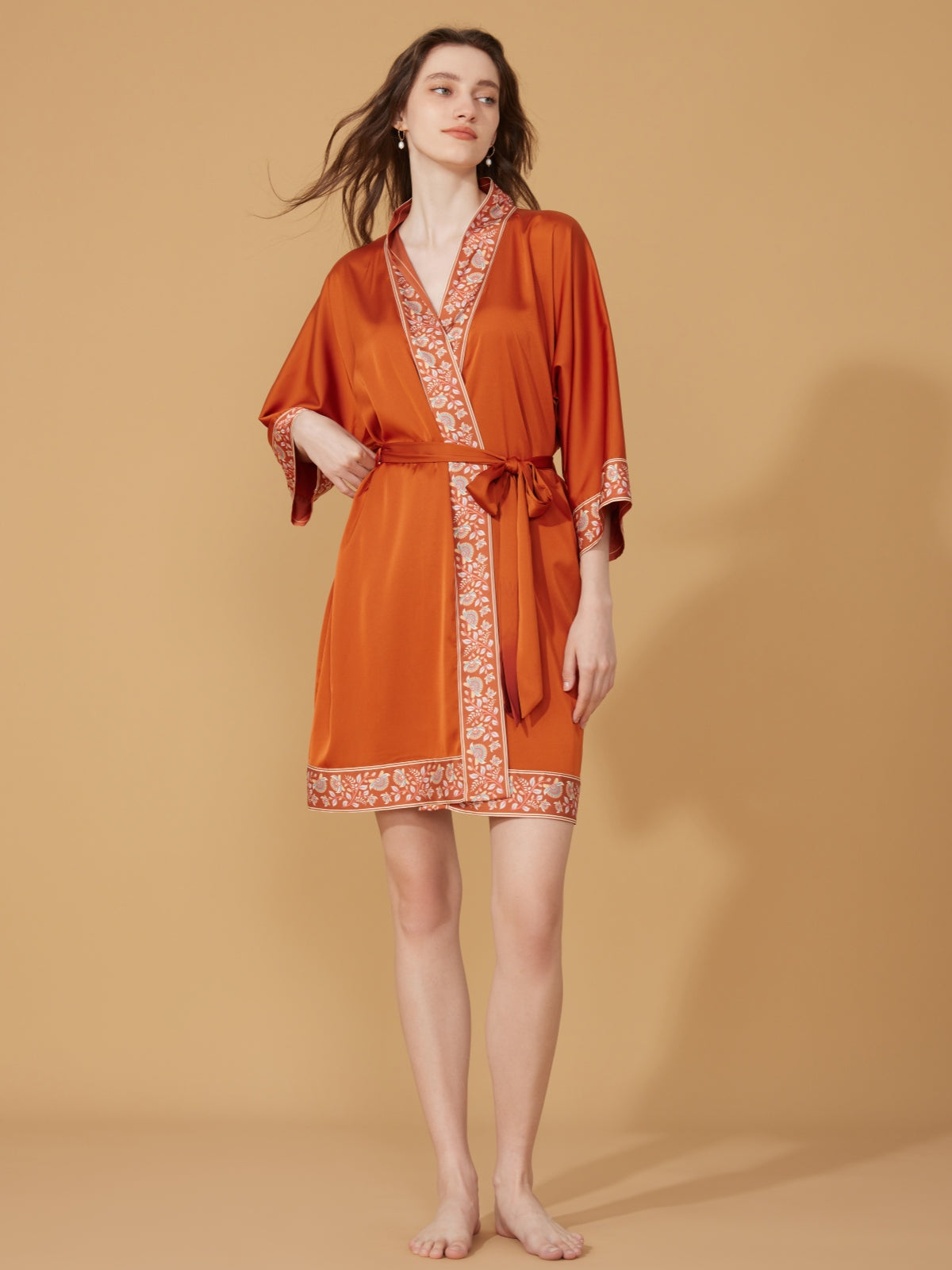 Luxuriously Orange Embellished Flower Short Robe