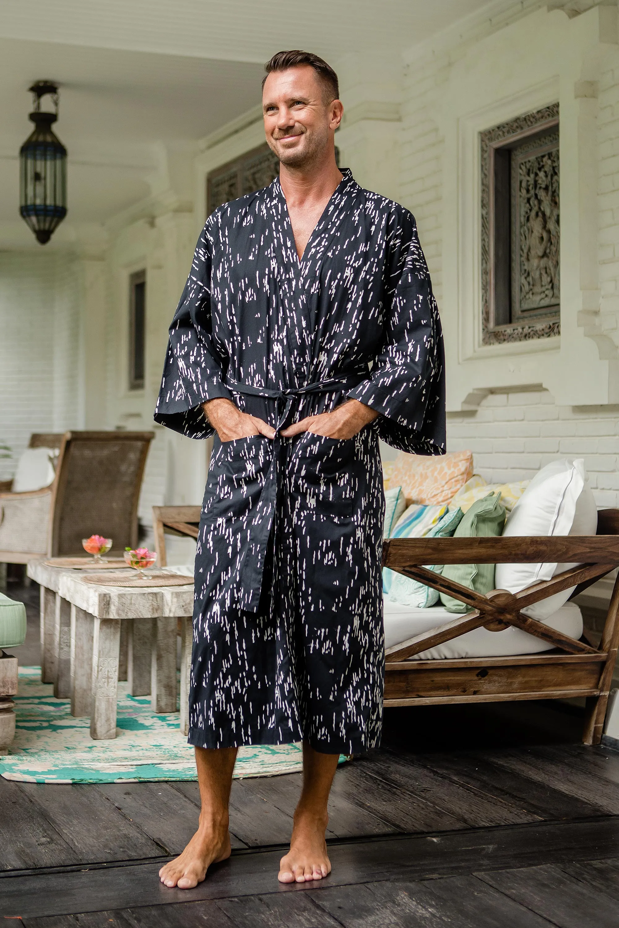 Men's Hand-Stamped Belted Cotton Robe from Bali, 