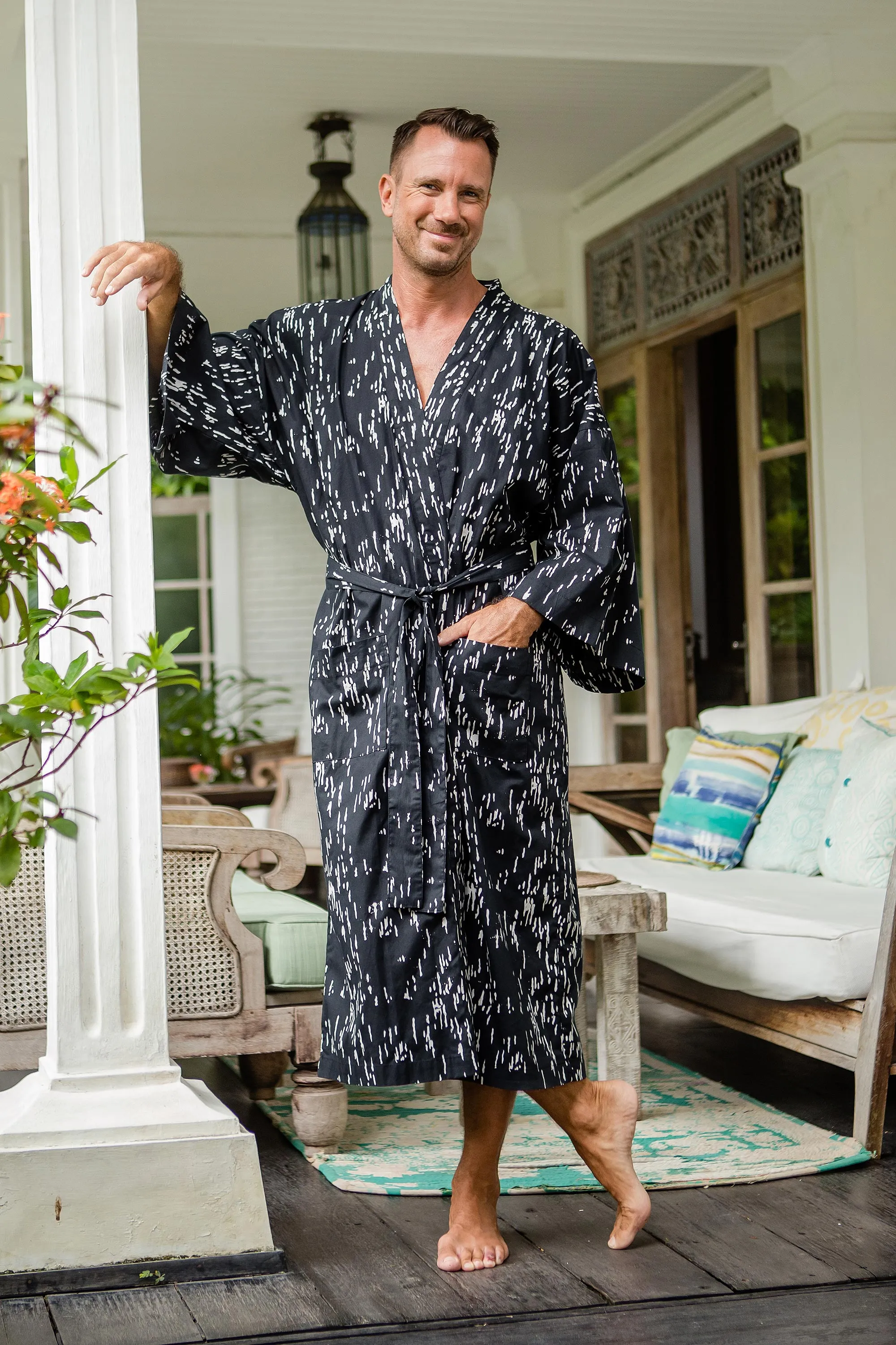 Men's Hand-Stamped Belted Cotton Robe from Bali, 