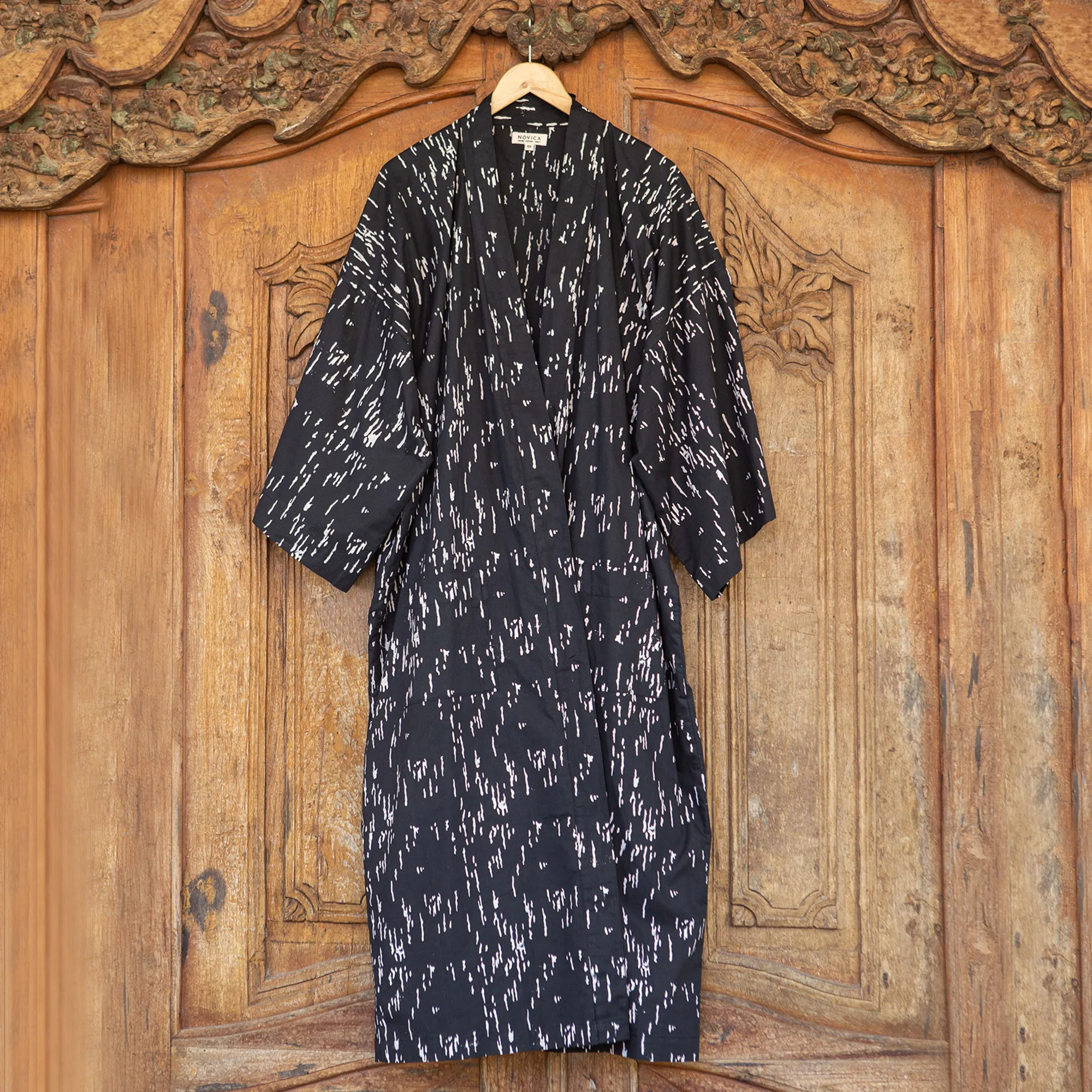 Men's Hand-Stamped Belted Cotton Robe from Bali, 