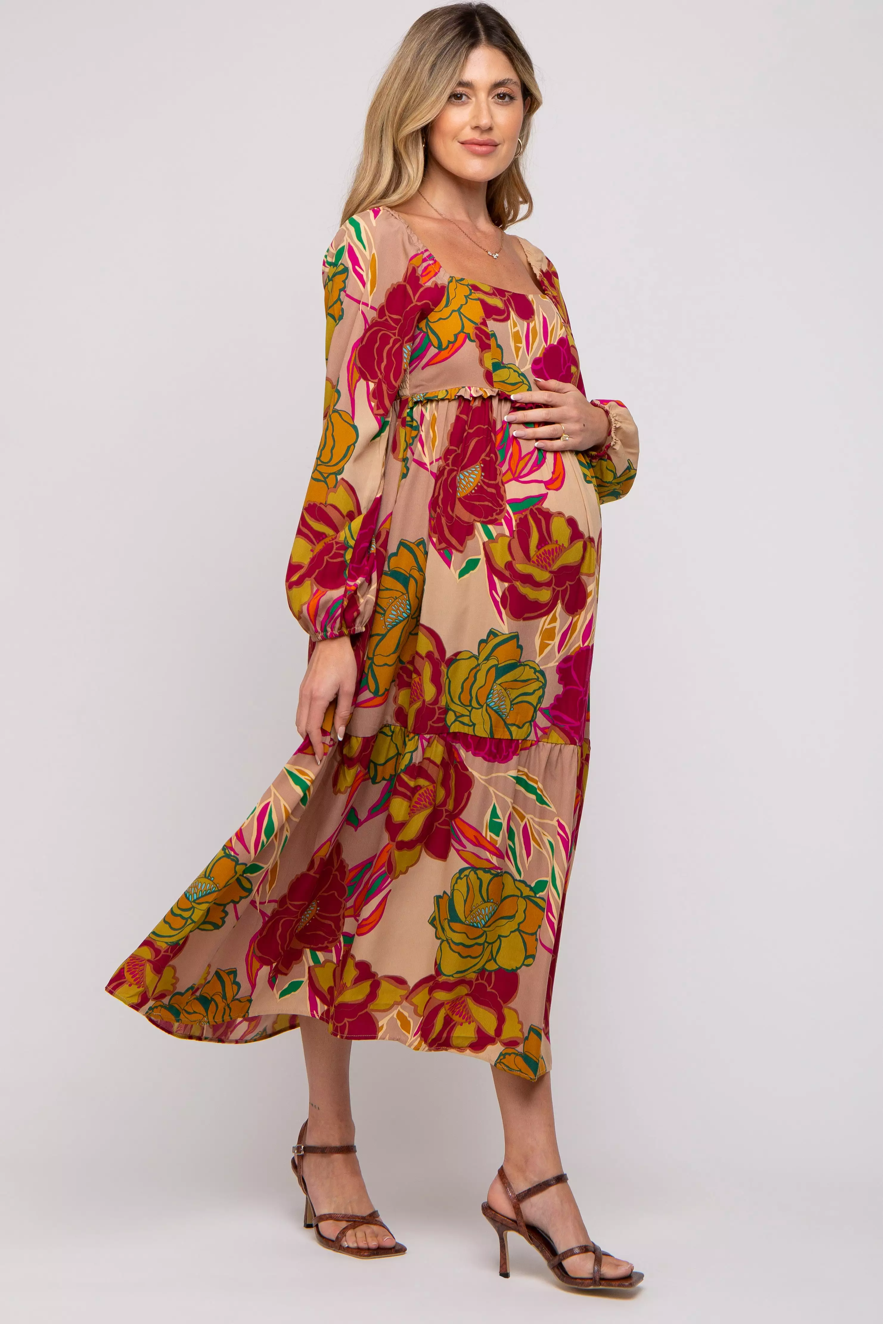 Mocha Floral Long Sleeve Maternity Midi Dress