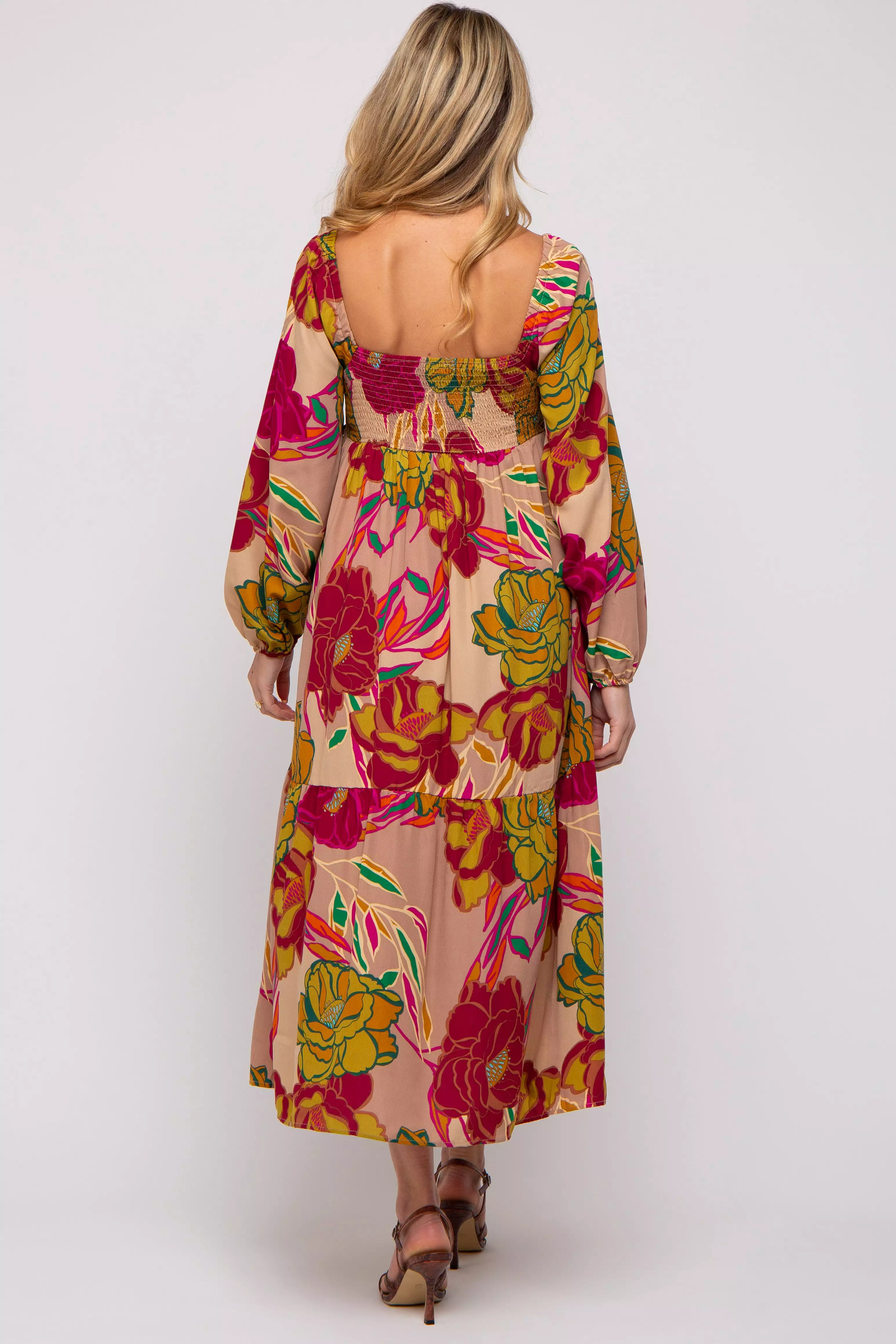 Mocha Floral Long Sleeve Maternity Midi Dress