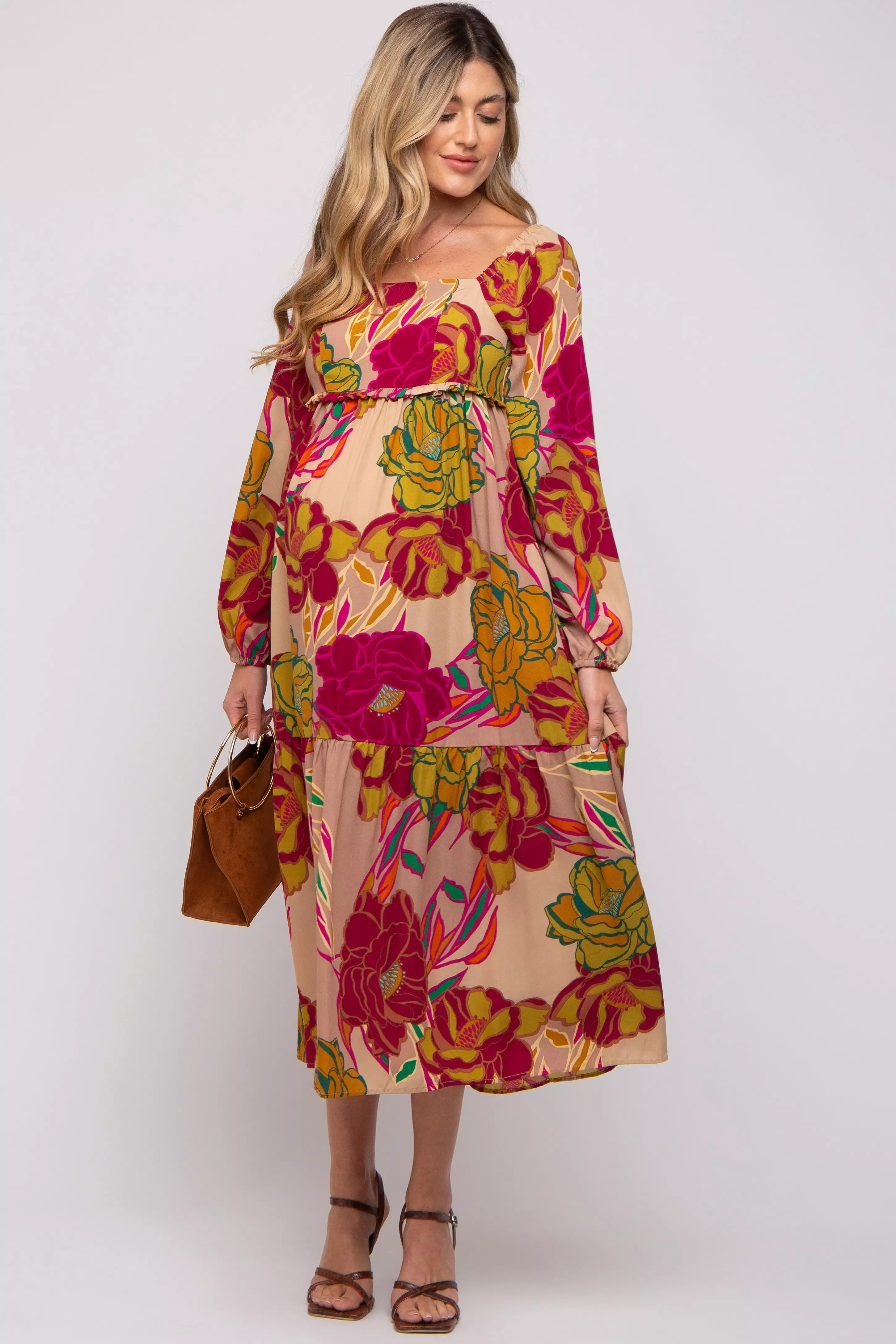 Mocha Floral Long Sleeve Maternity Midi Dress