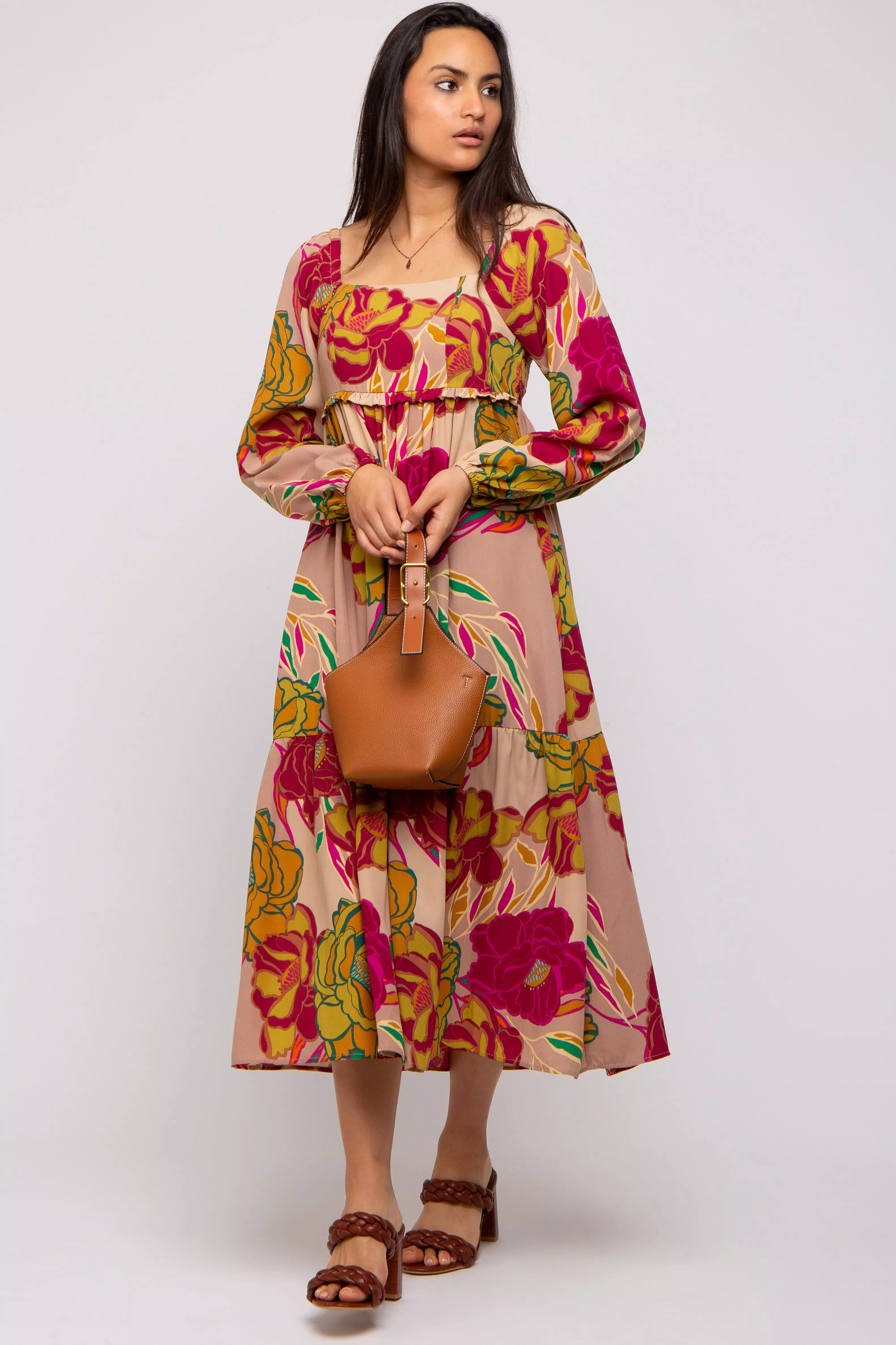 Mocha Floral Long Sleeve Maternity Midi Dress