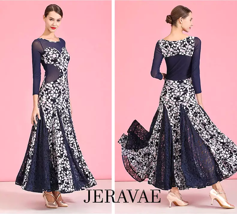 Navy Blue and White Floral Long Ballroom Practice Dress with Long Sleeves and Mesh Inserts PRA 755_sale