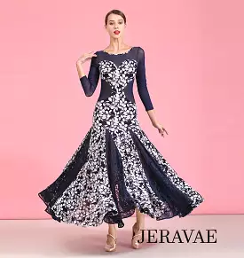 Navy Blue and White Floral Long Ballroom Practice Dress with Long Sleeves and Mesh Inserts PRA 755_sale