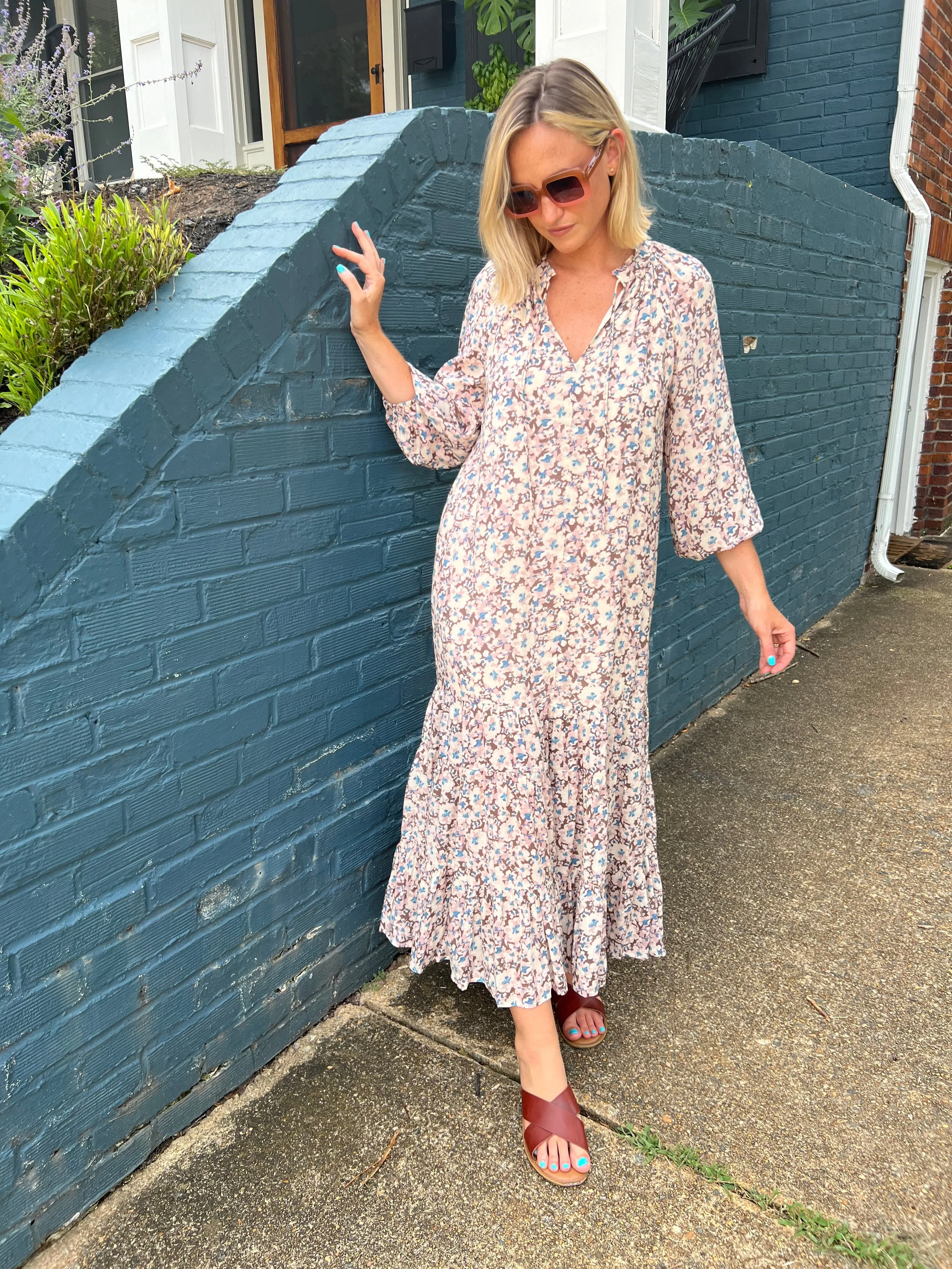 Peaceful Floral Long Sleeve Midi Dress