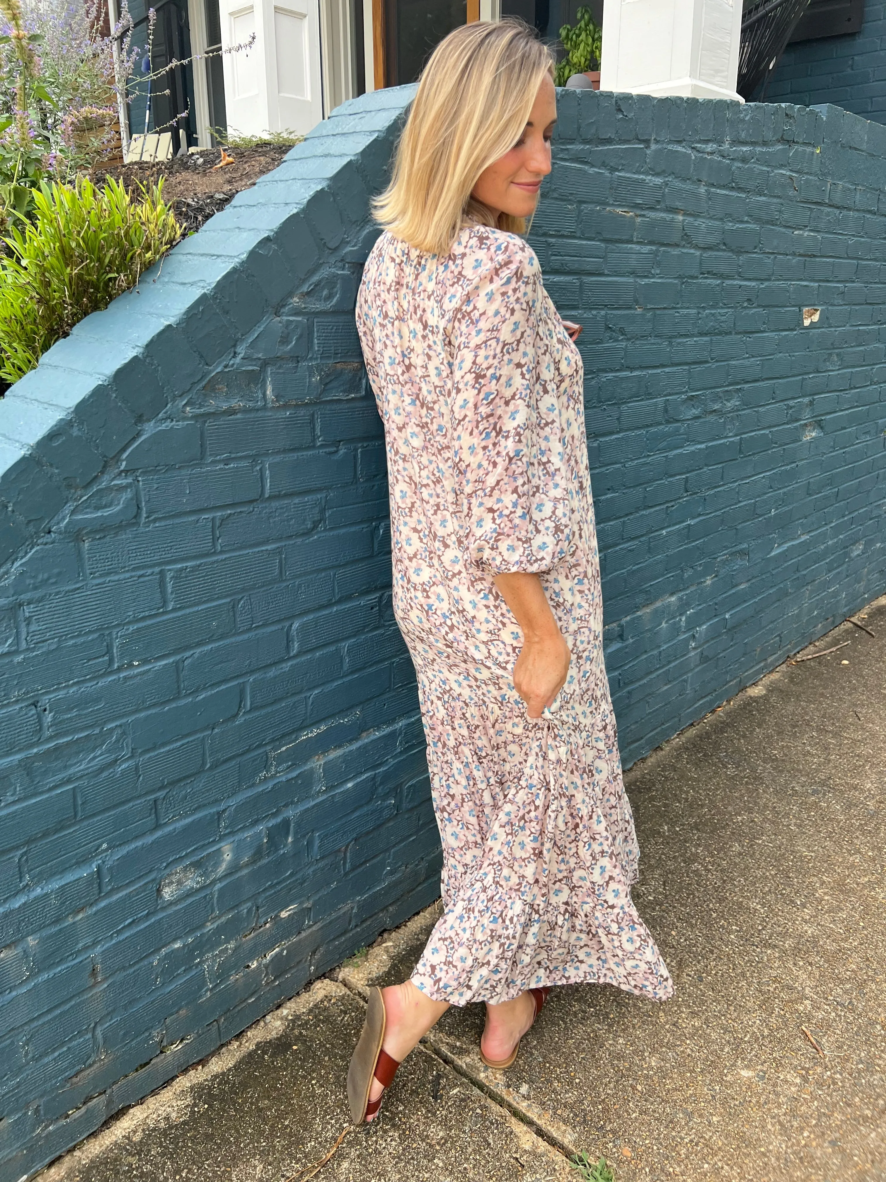 Peaceful Floral Long Sleeve Midi Dress