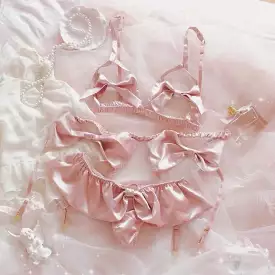 Peach pink sweet heart  sexy lingerie set (bra+panties+garters）