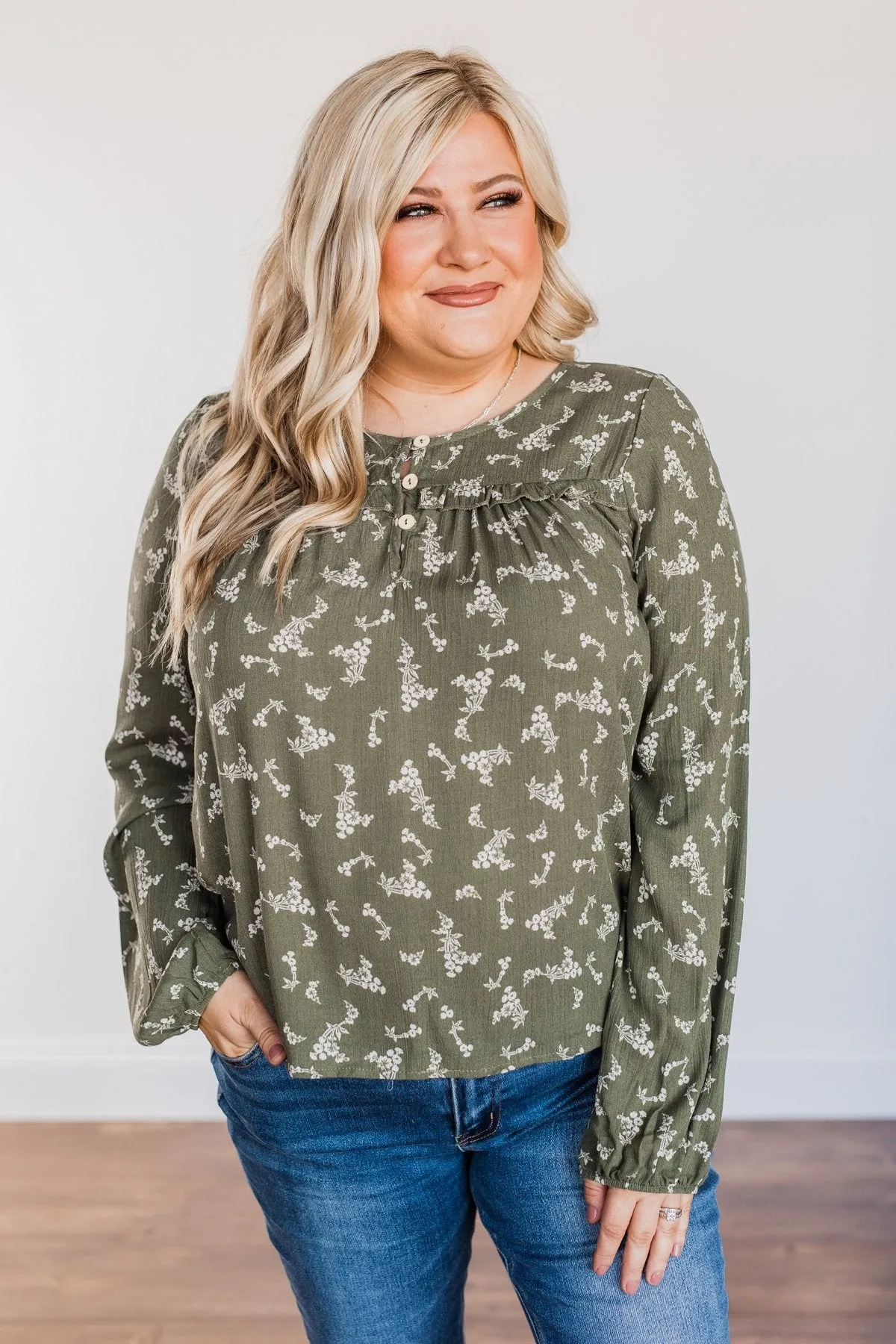 Perfect For You Floral Long Sleeve Blouse- Olive