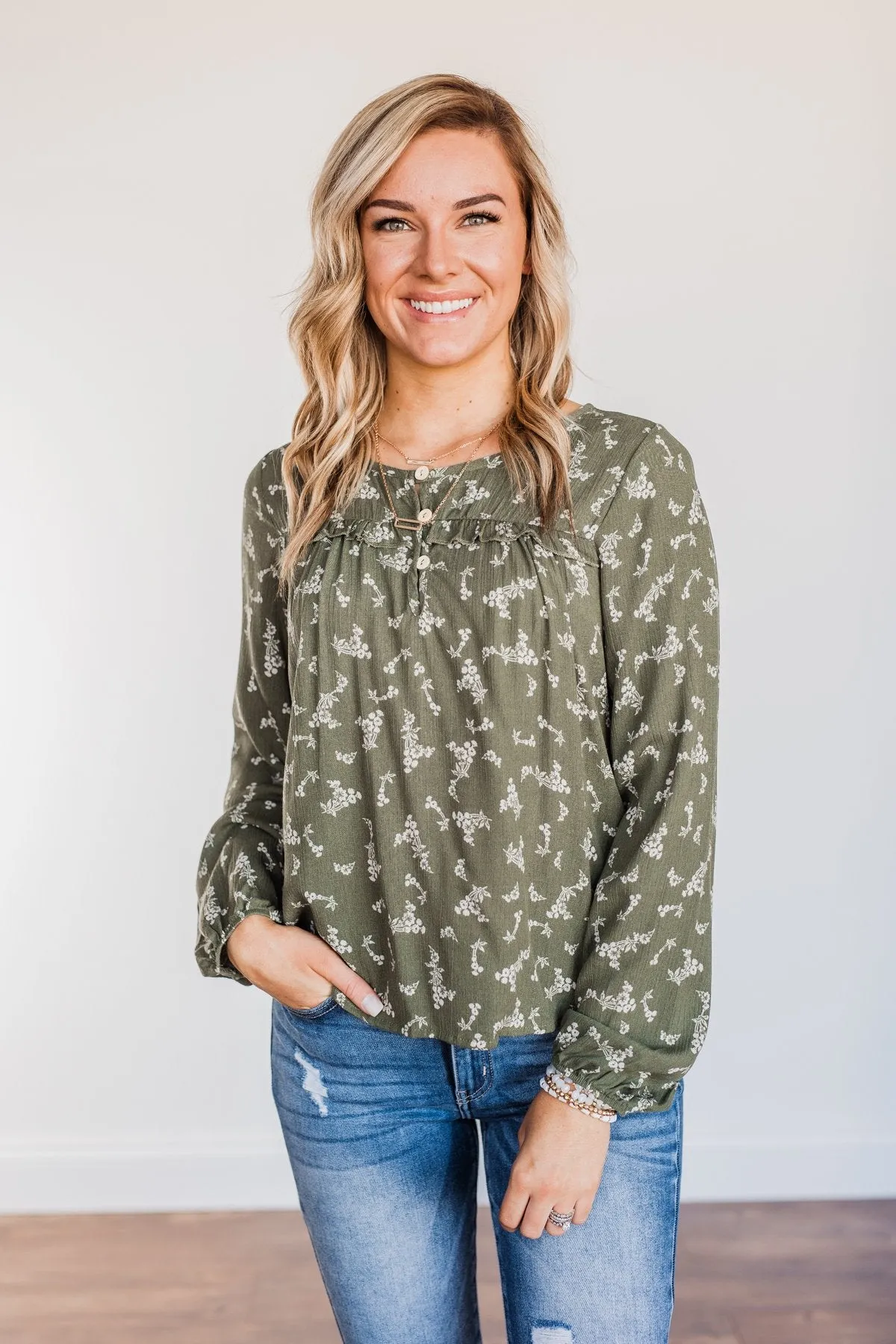 Perfect For You Floral Long Sleeve Blouse- Olive