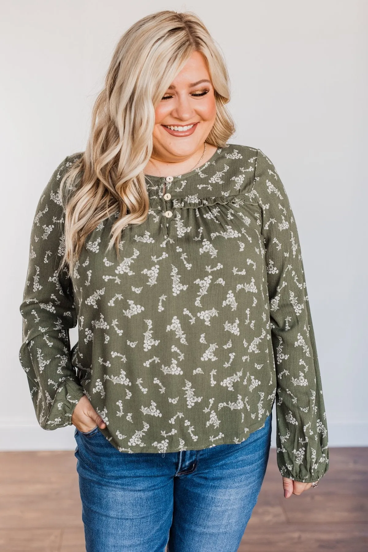 Perfect For You Floral Long Sleeve Blouse- Olive