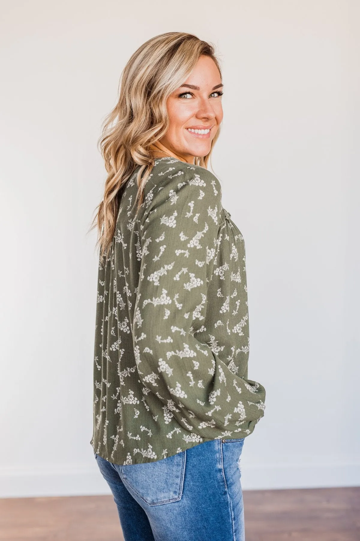 Perfect For You Floral Long Sleeve Blouse- Olive