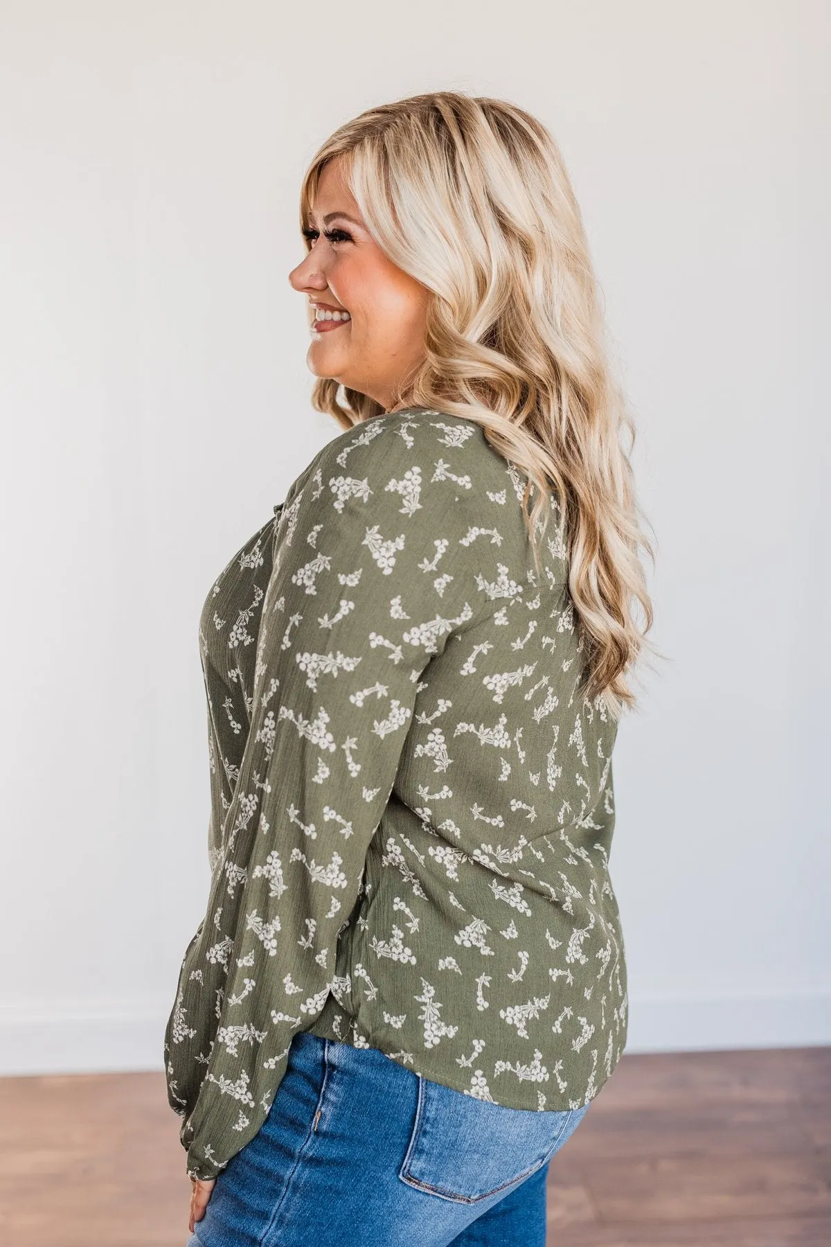 Perfect For You Floral Long Sleeve Blouse- Olive