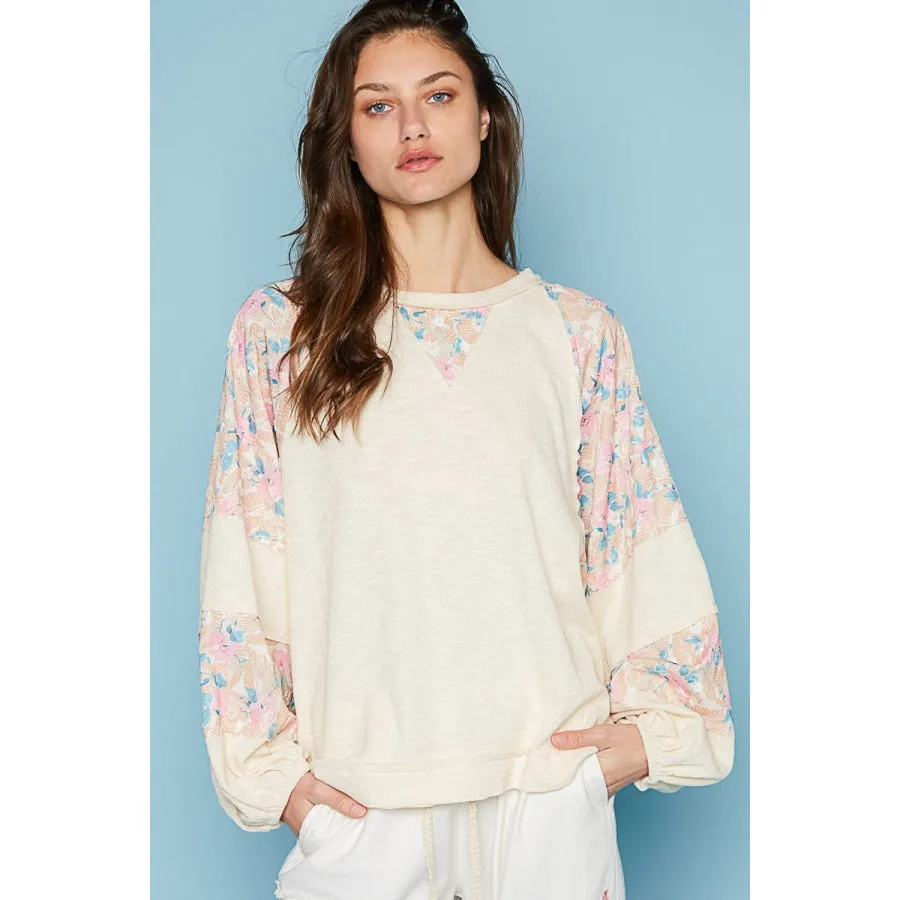 POL Round Neck Balloon Floral Long Sleeve Top