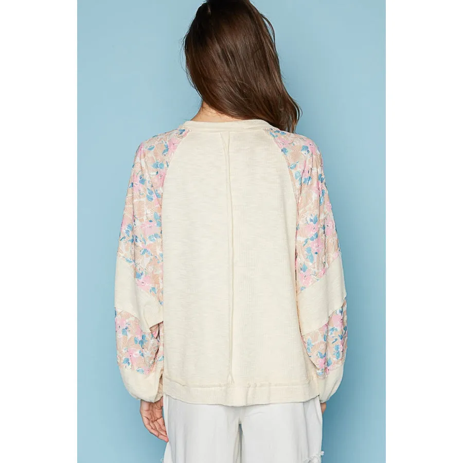 POL Round Neck Balloon Floral Long Sleeve Top