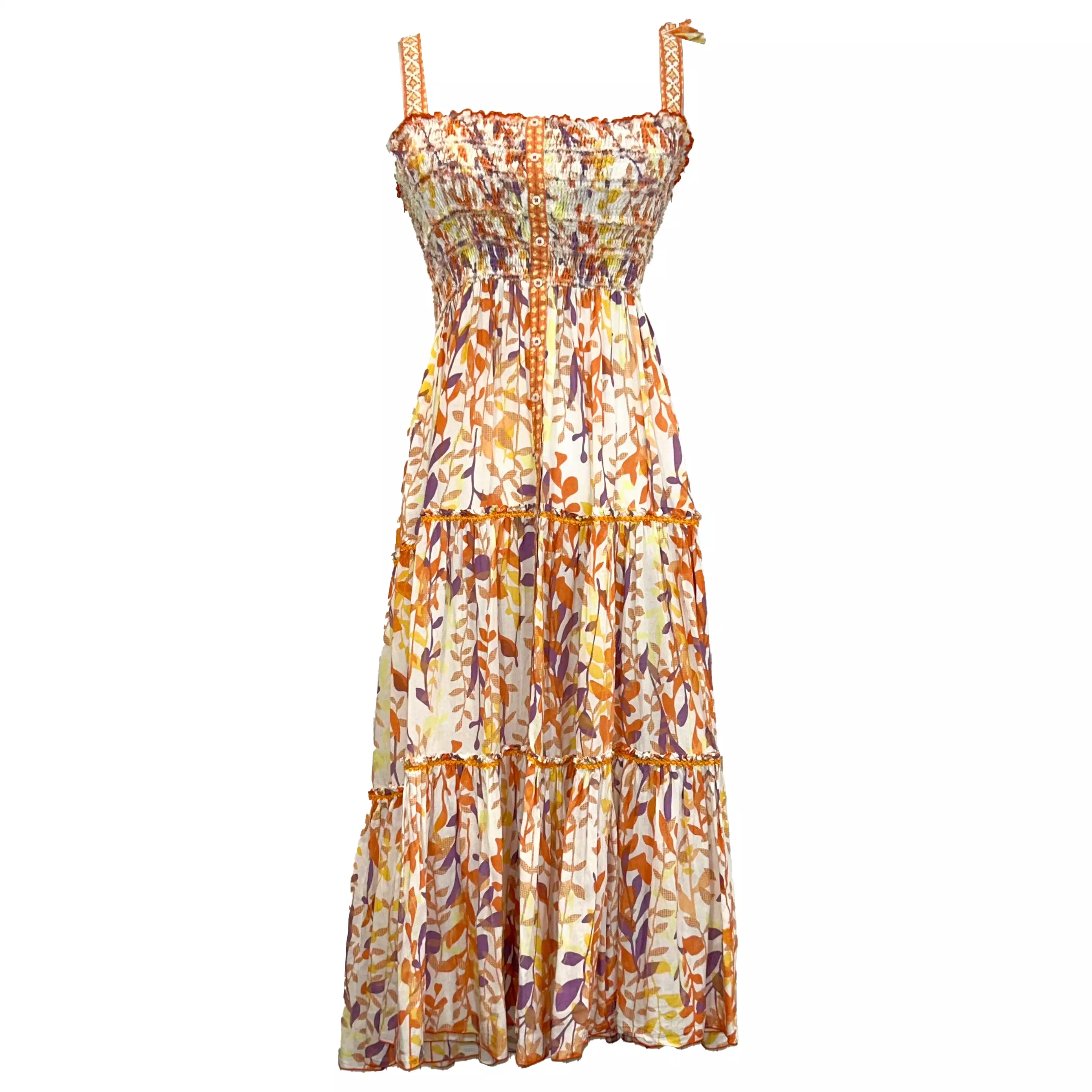 Poupette St Barth Orange & Cream Print Tiered & Shirred Maxi Dress XS/S