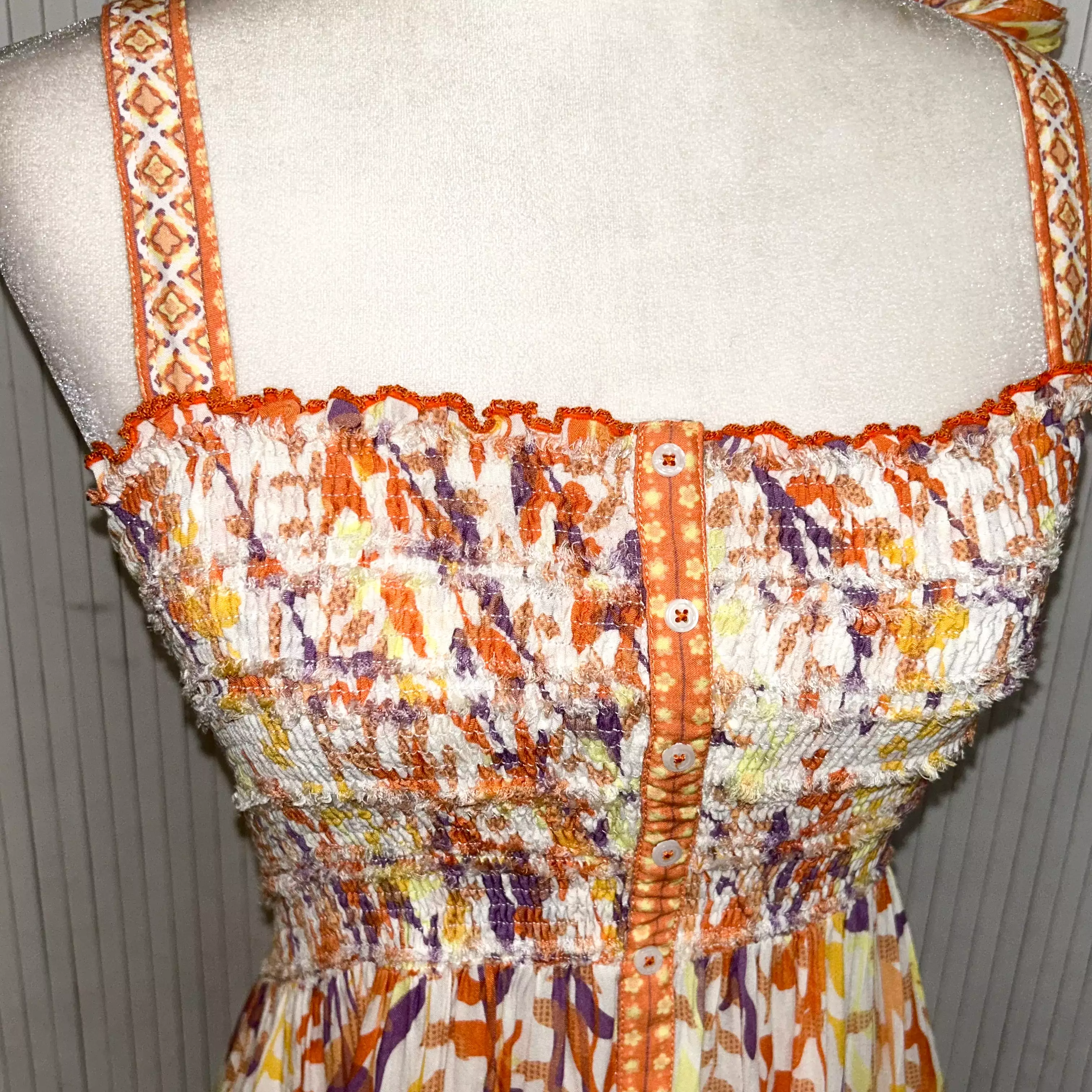 Poupette St Barth Orange & Cream Print Tiered & Shirred Maxi Dress XS/S