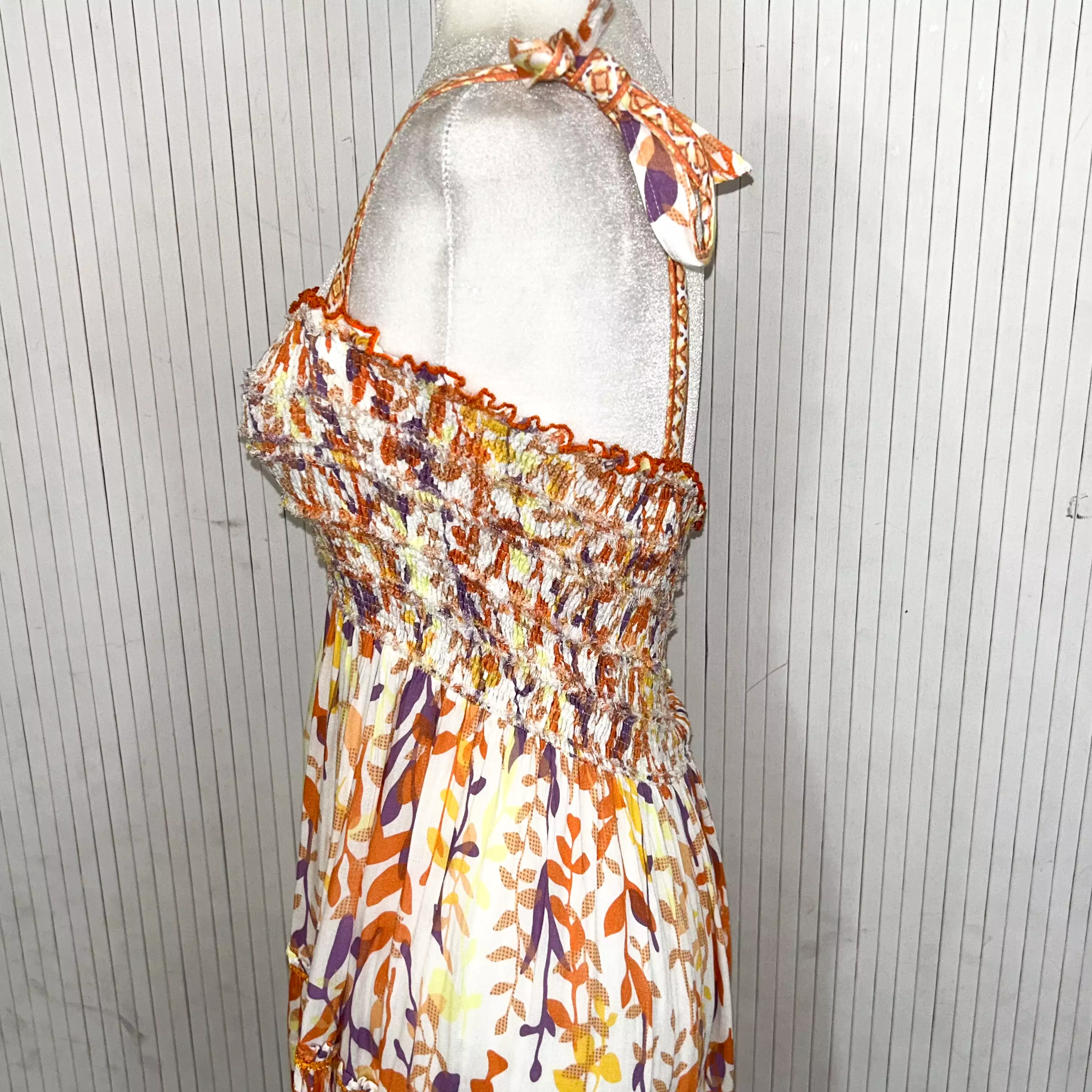 Poupette St Barth Orange & Cream Print Tiered & Shirred Maxi Dress XS/S