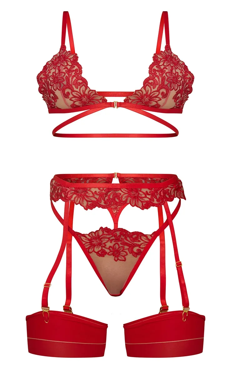 Red Floral Strapping 3 Piece Lingerie Set