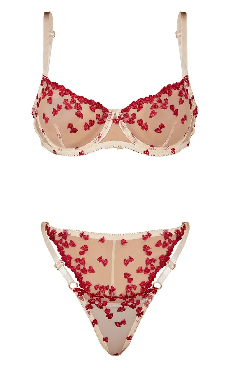 Red Mesh Embroidered Heart Underwired Lingerie Set