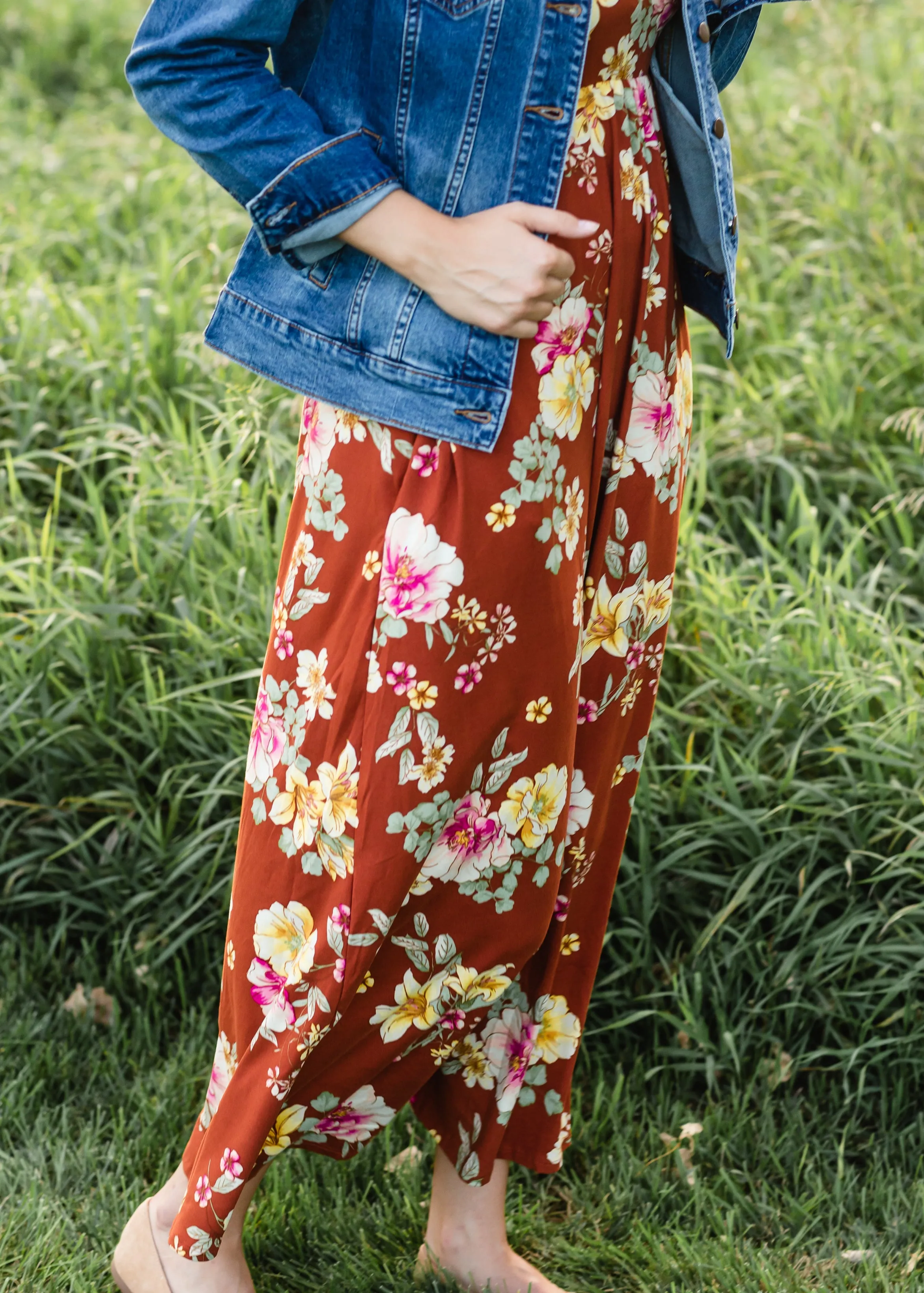 Rust Floral Long Sleeve Maxi Dress