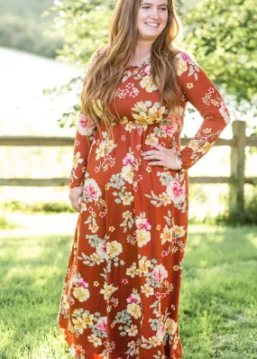 Rust Floral Long Sleeve Maxi Dress