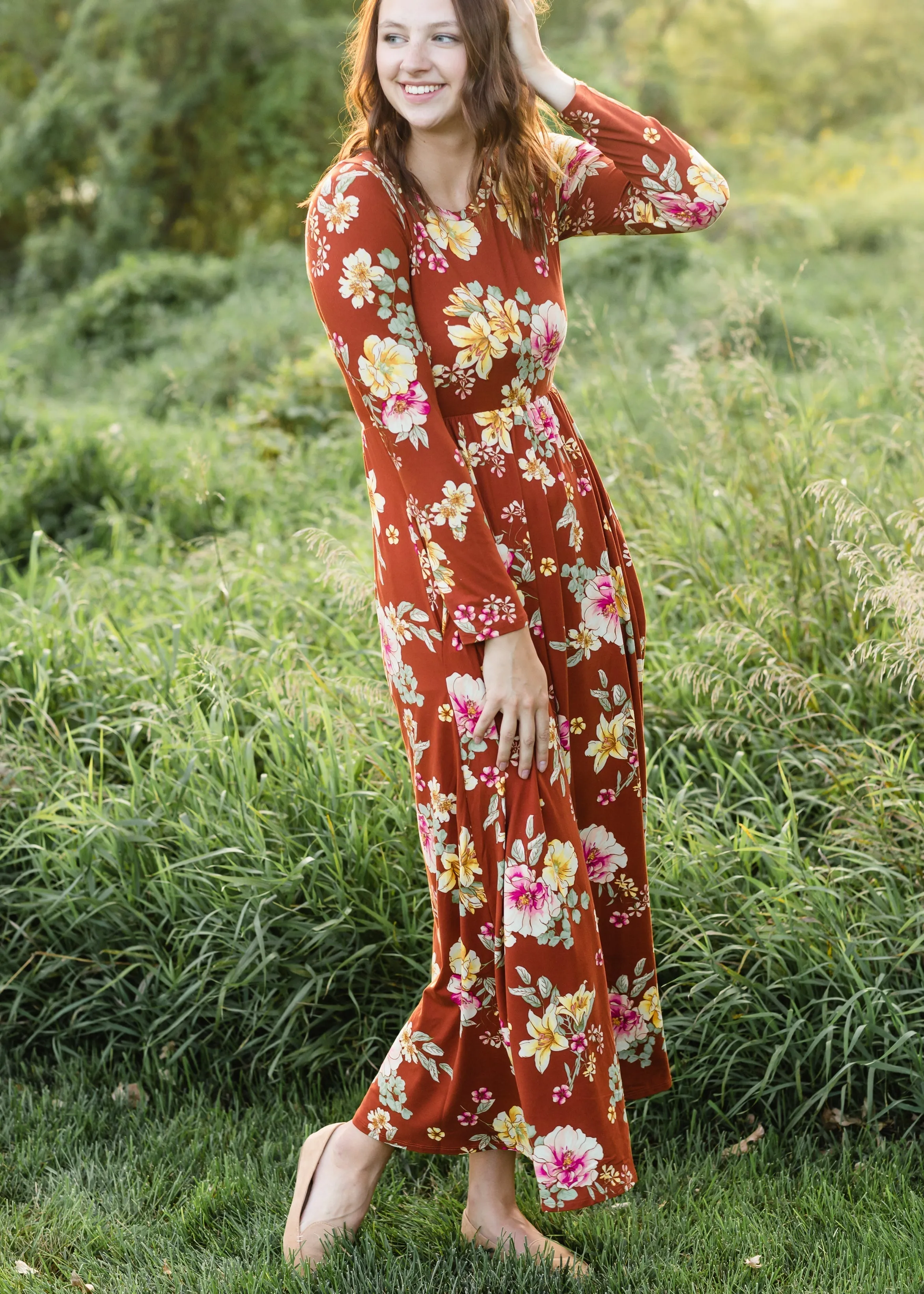 Rust Floral Long Sleeve Maxi Dress