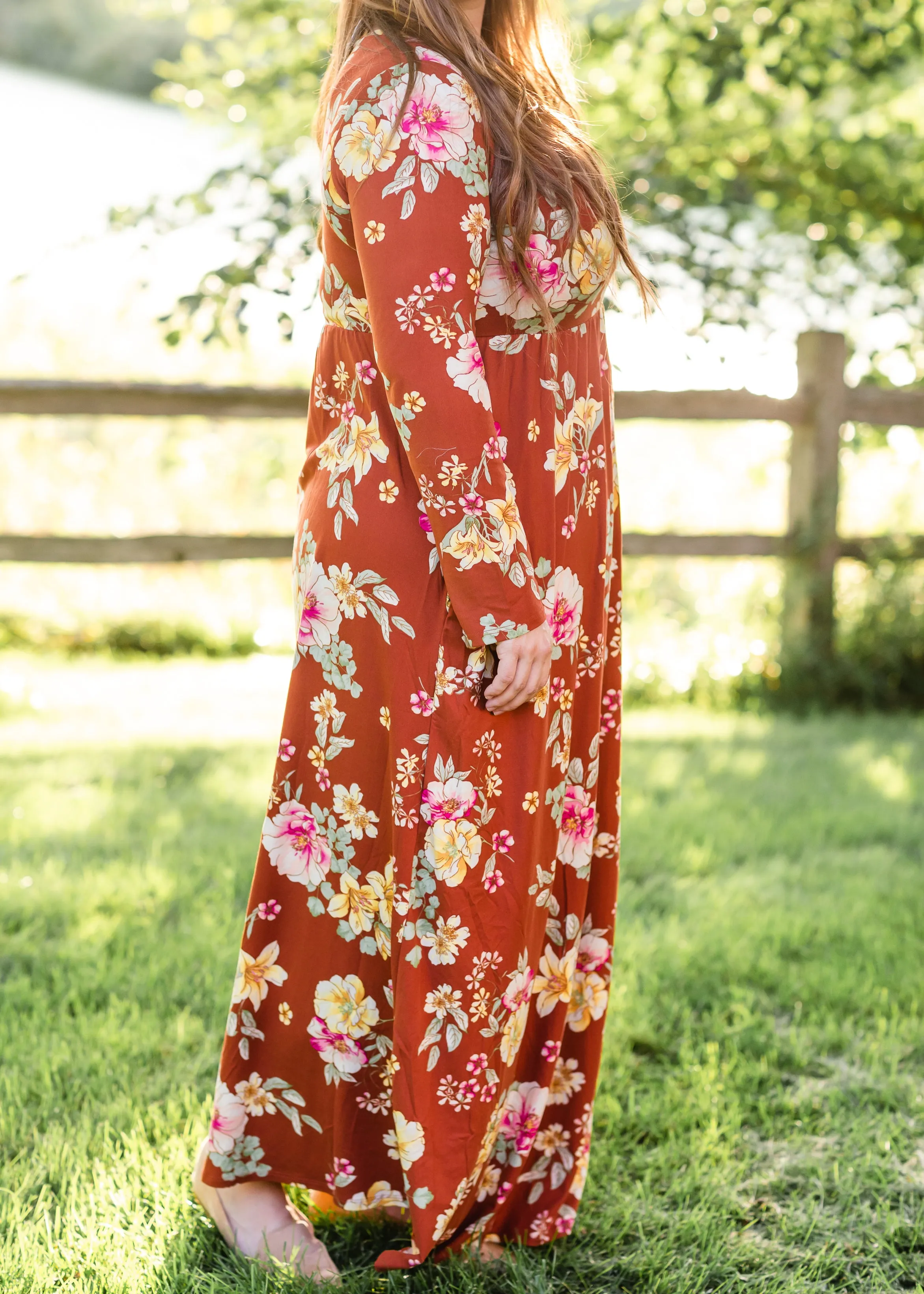 Rust Floral Long Sleeve Maxi Dress