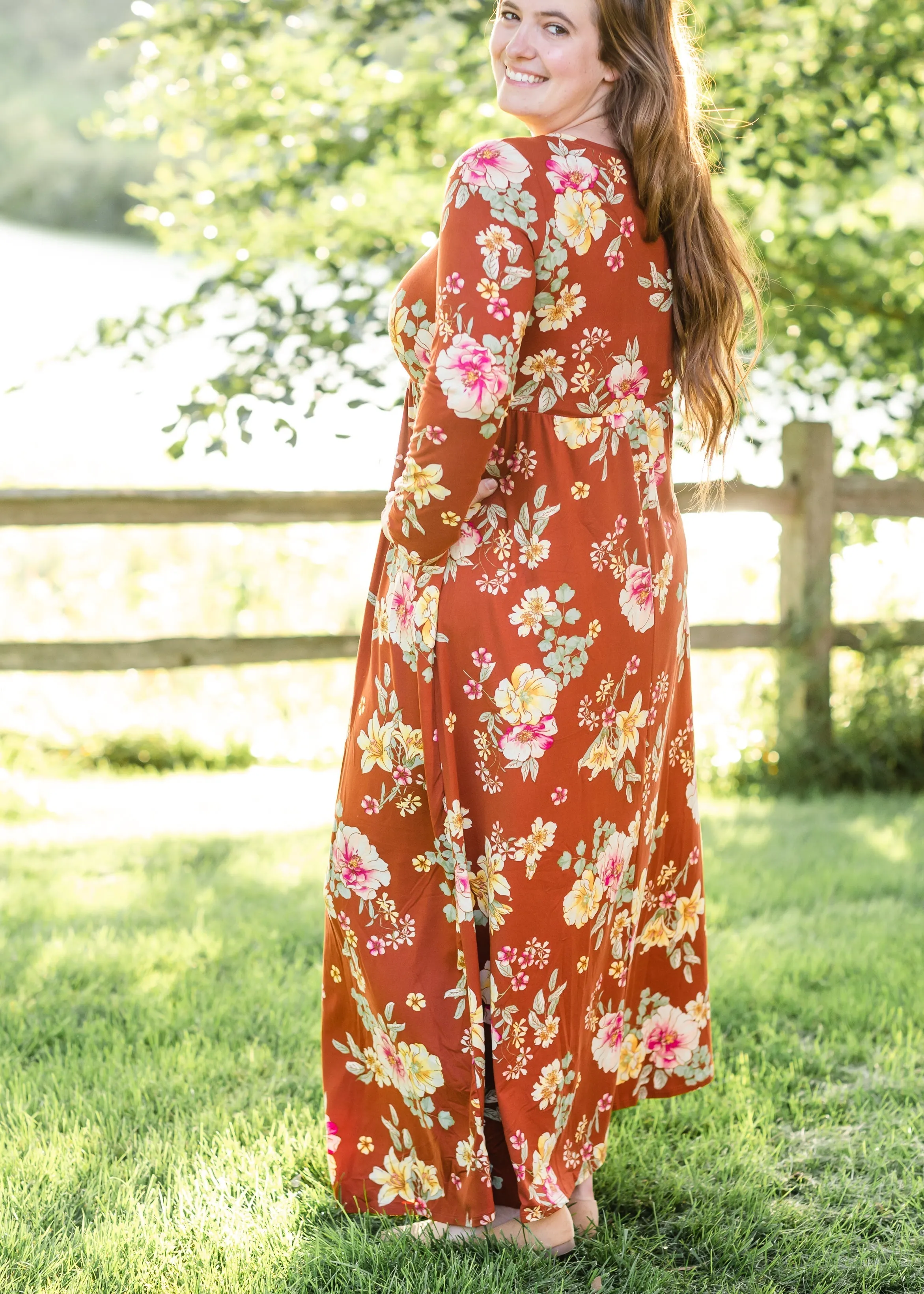 Rust Floral Long Sleeve Maxi Dress