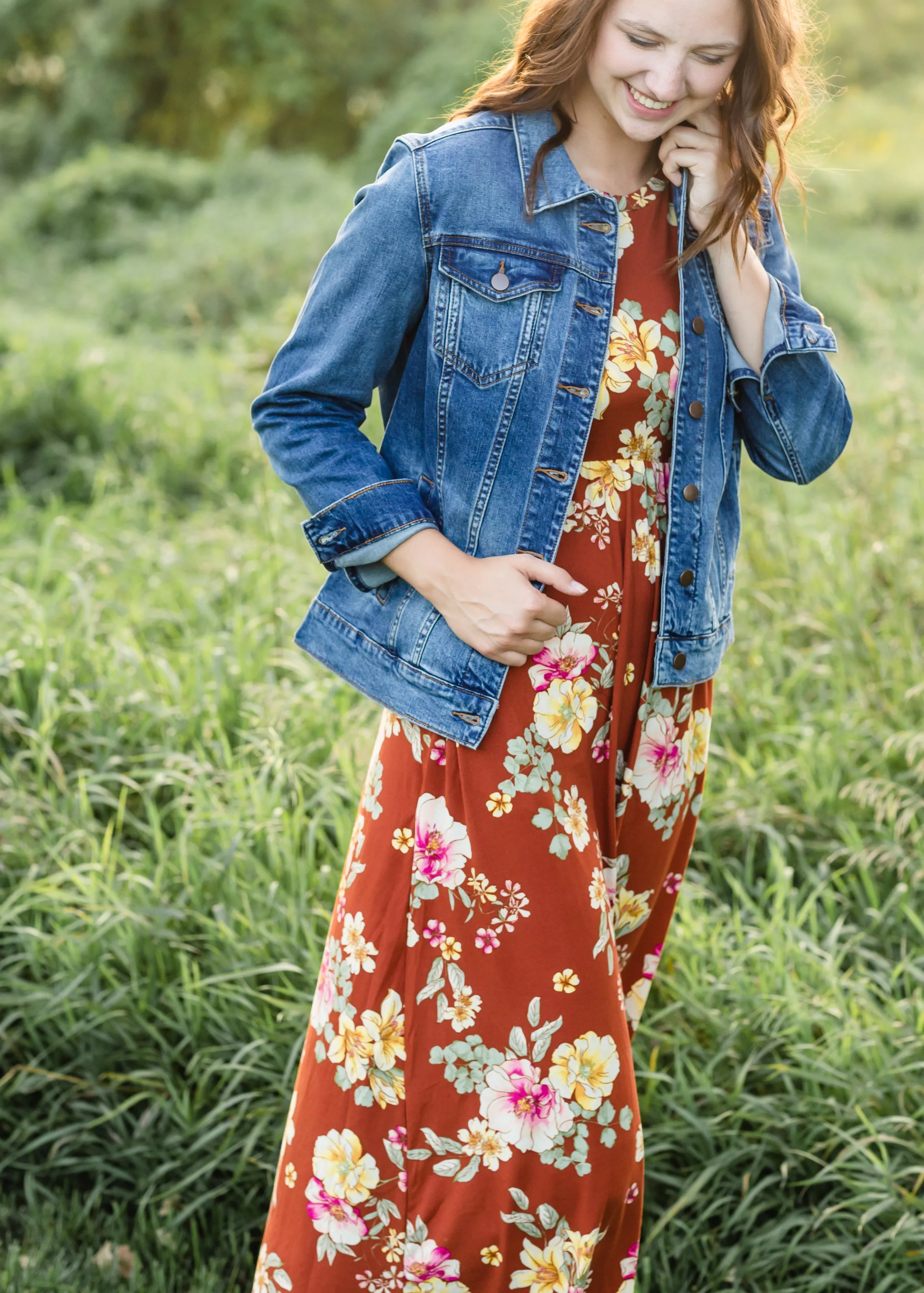 Rust Floral Long Sleeve Maxi Dress