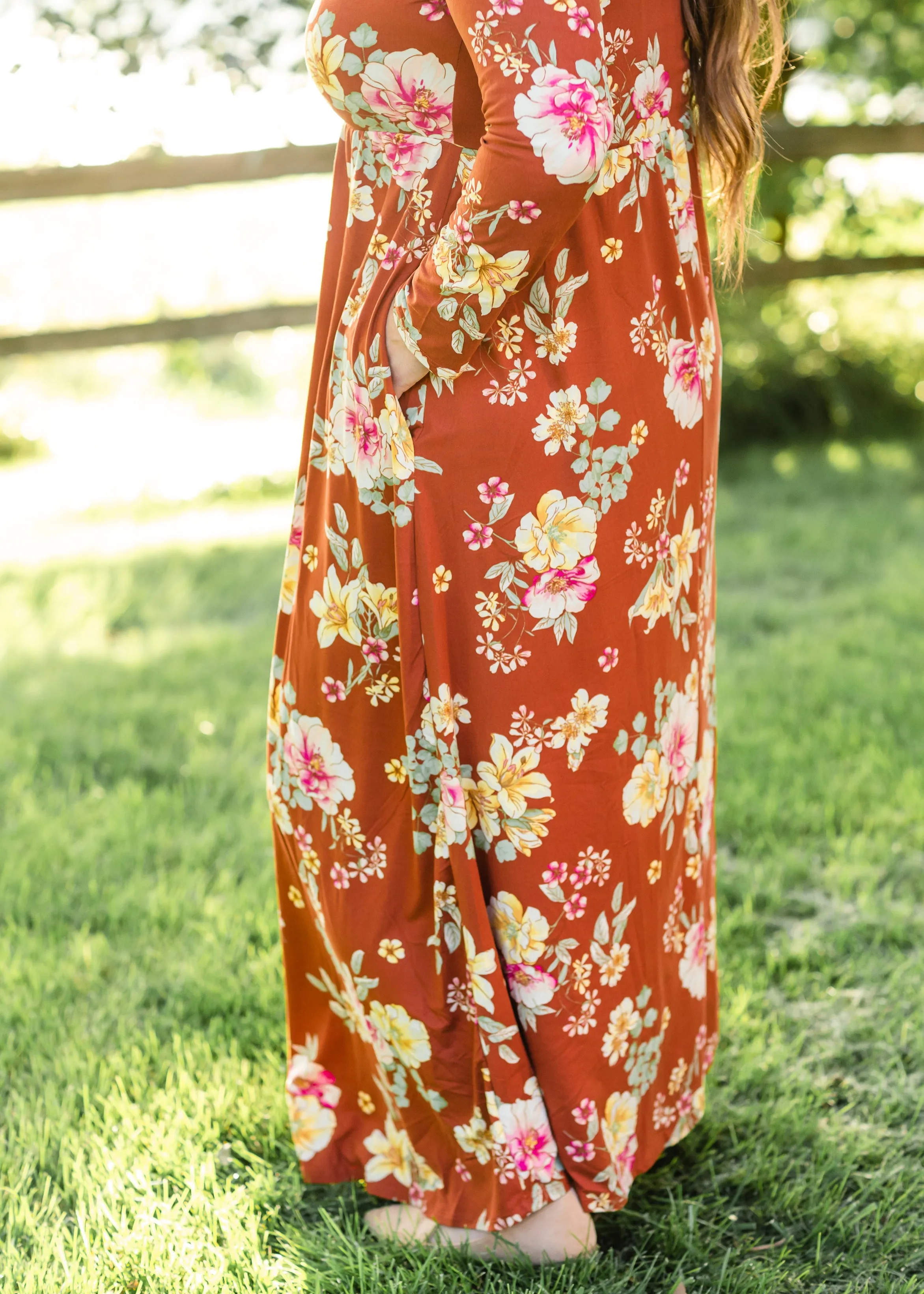 Rust Floral Long Sleeve Maxi Dress