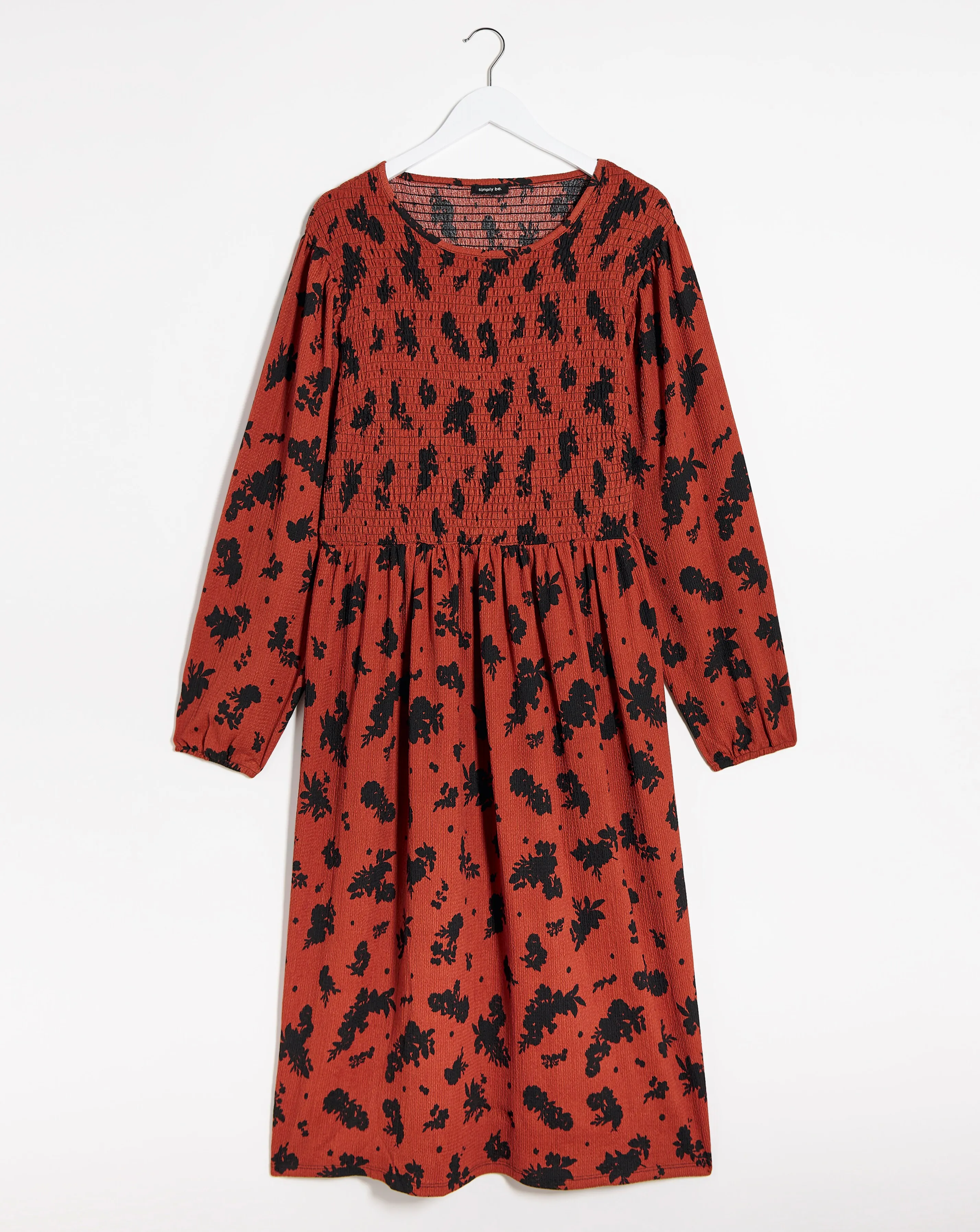 Rust Floral Long Sleeve Shirred Midi Dress | Simply Be